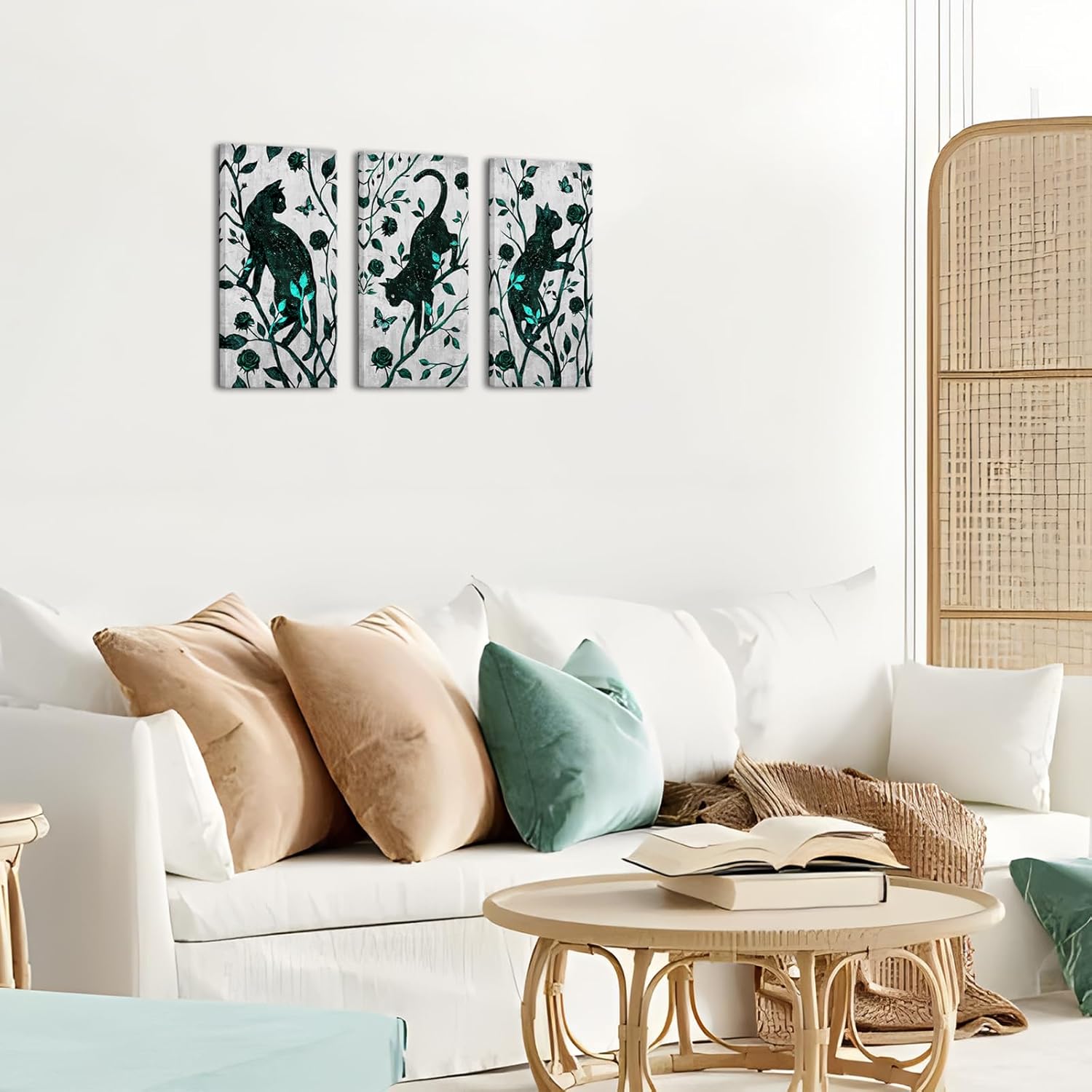 LoveHouse Black Cats Wall Art Cat with Floral Painting Canvas Pet Picture Bathroom Decor (Teal Green)