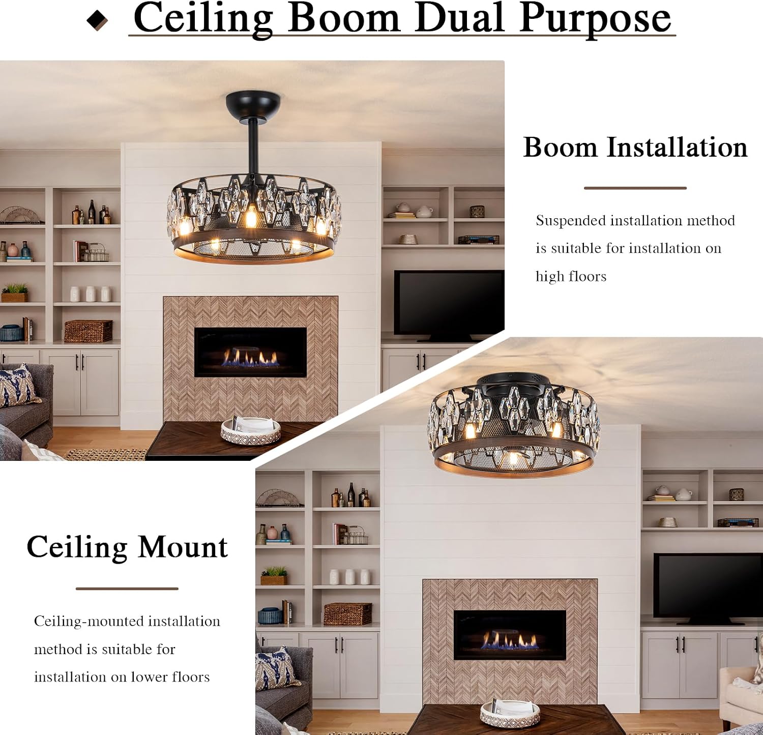 20" Crystal Black Ceiling Fan with Remote and Timer Dual Mount Flush or Downrod 6 Speed for Low High Ceilings Bedroom Living Room Dining Room