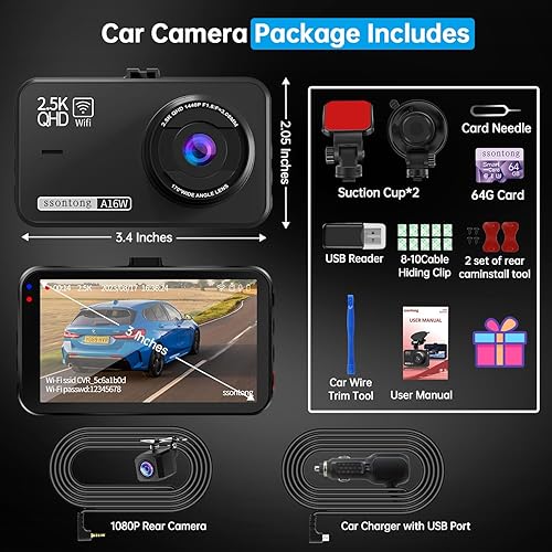 Miniatura 9 de Cámara de tablero frontal y trasera, cámara de tablero para automóviles WiFiAPP Control Dual Dashcam con tarjeta de 64 GB, cámara frontal de 2.5 K