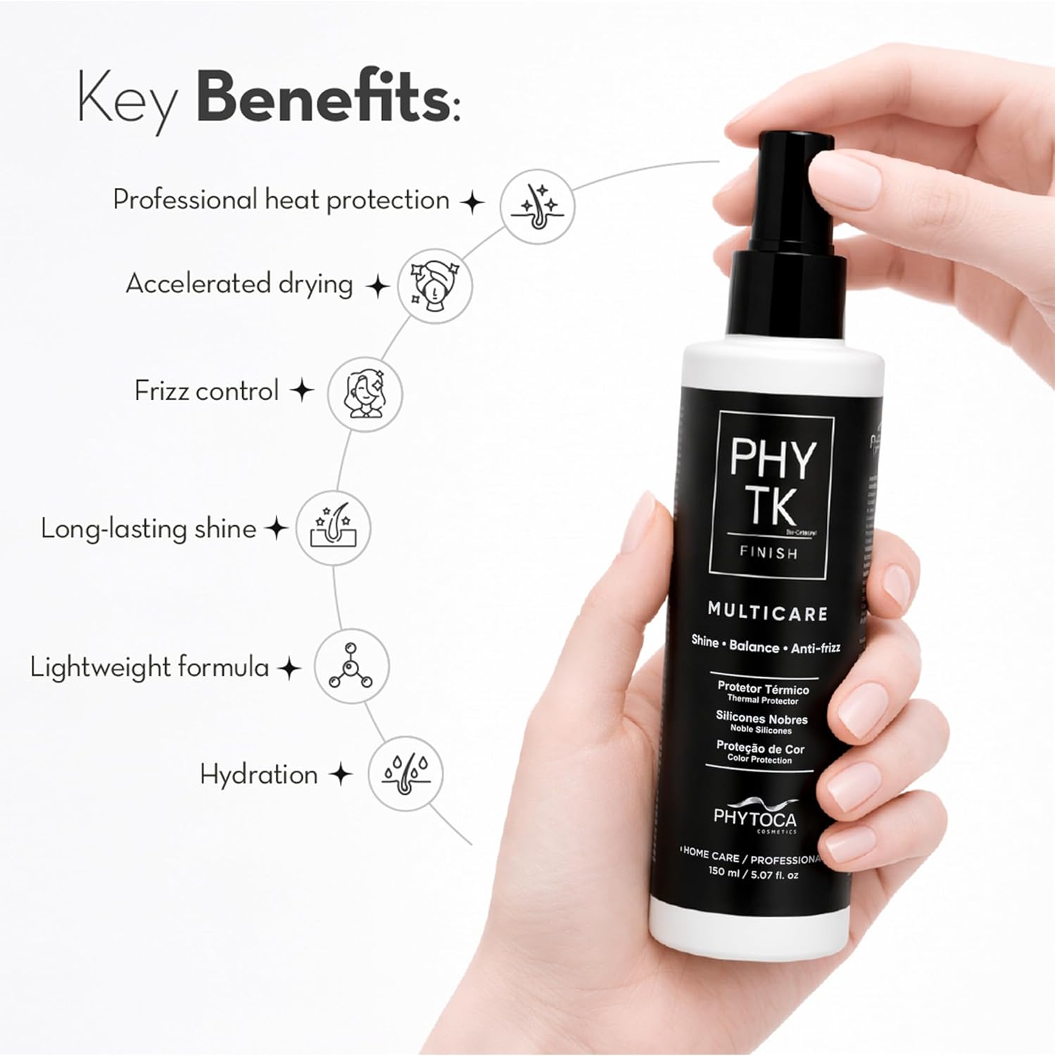 Phytoca Multicare Heat Protectant Spray – Professional Thermal Protection for Blow Drying & Styling, Lightweight Frizz Control, Shine-Boosting Hair Shield, Fast-Dry Formula, 5.07 Fl oz.