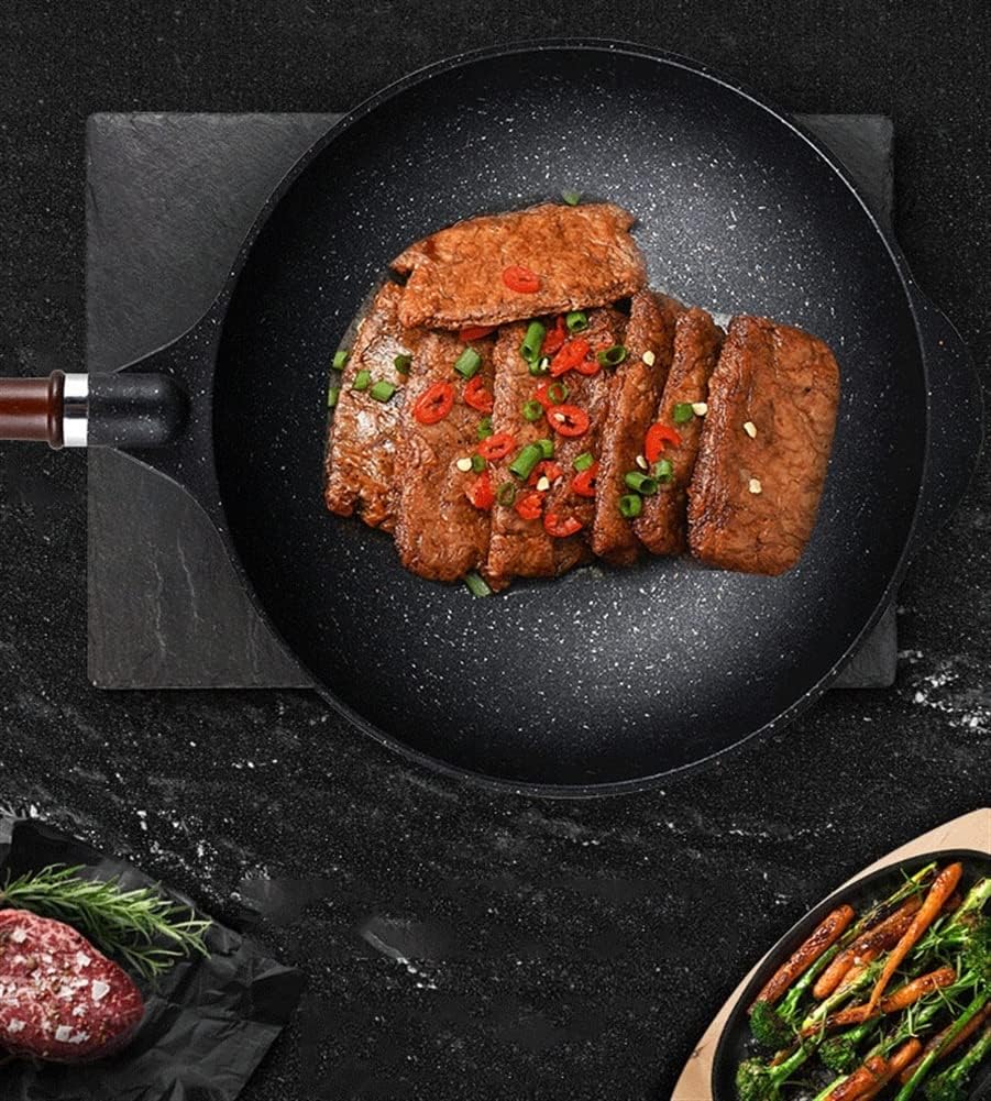 Wok - 12,5“ Woks and Stir Fry Pans, Nonstick Wok with Lid, Flat Bottom, Cast Aluminum Stir Fry Pan, Cooking Utensils, Frying Pan for All Stoves (Black)