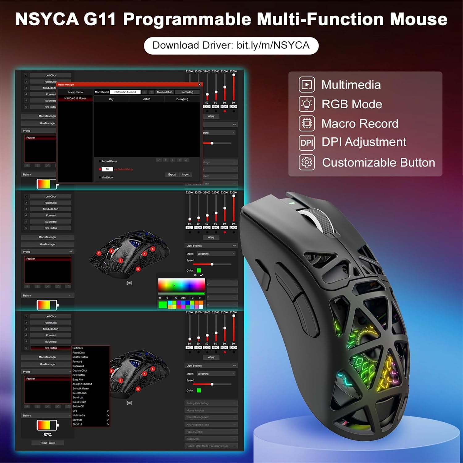 G11 Lightweight Wireless Gaming Mouse for FPS & Competitive Gaming, Tri-Mode Bluetooth 5.1/2.4GHz/USB-C, 22000 DPI RGB Mouse with Programmable Buttons for PC, Laptop & Mac (Black) 9 71IM3marLSL. AC SL1500