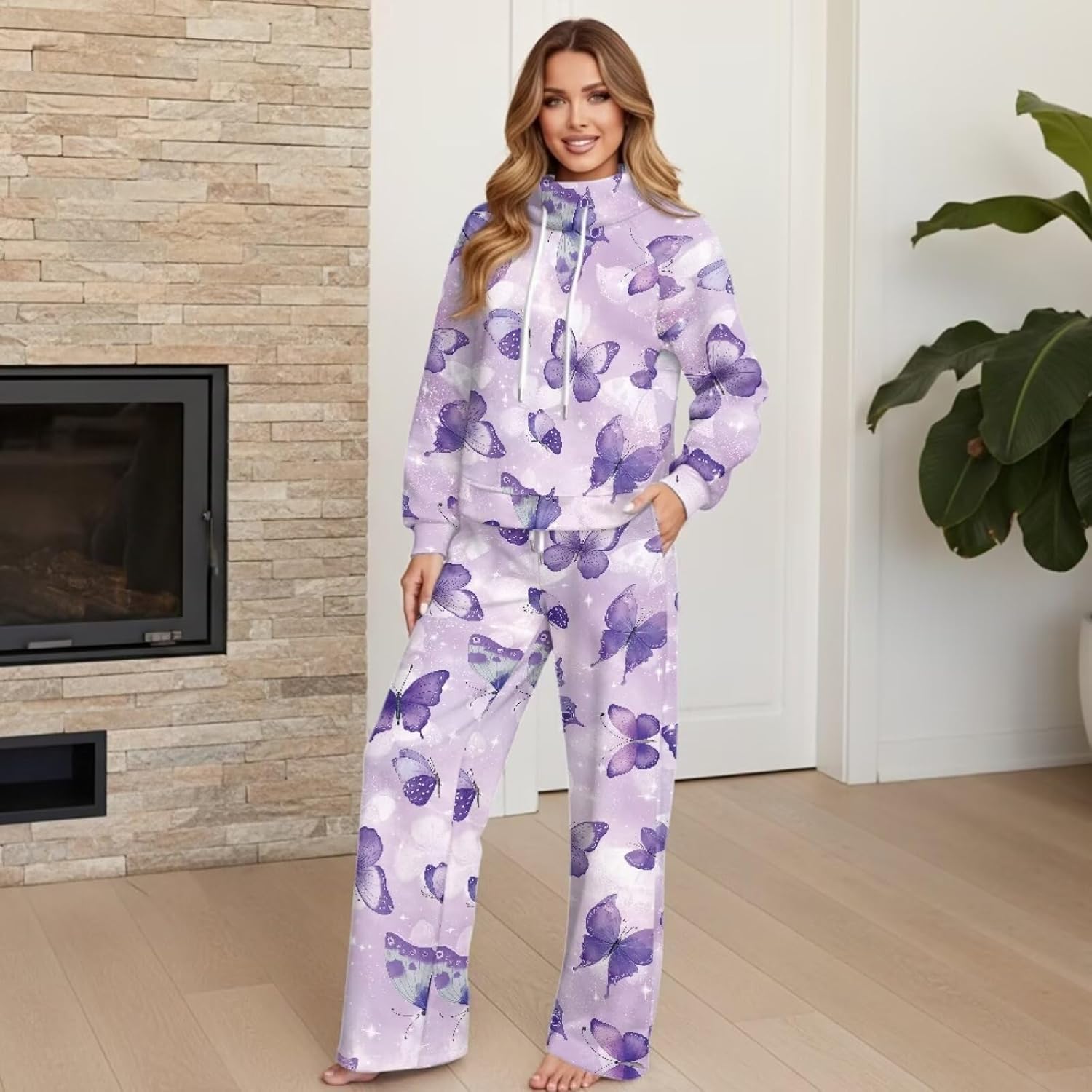 Lounge Sets for Women 2 Piece Outfits Loose Mockneck Sweatpants and Wide Leg Pants Track Suit with Pockets - Image 3