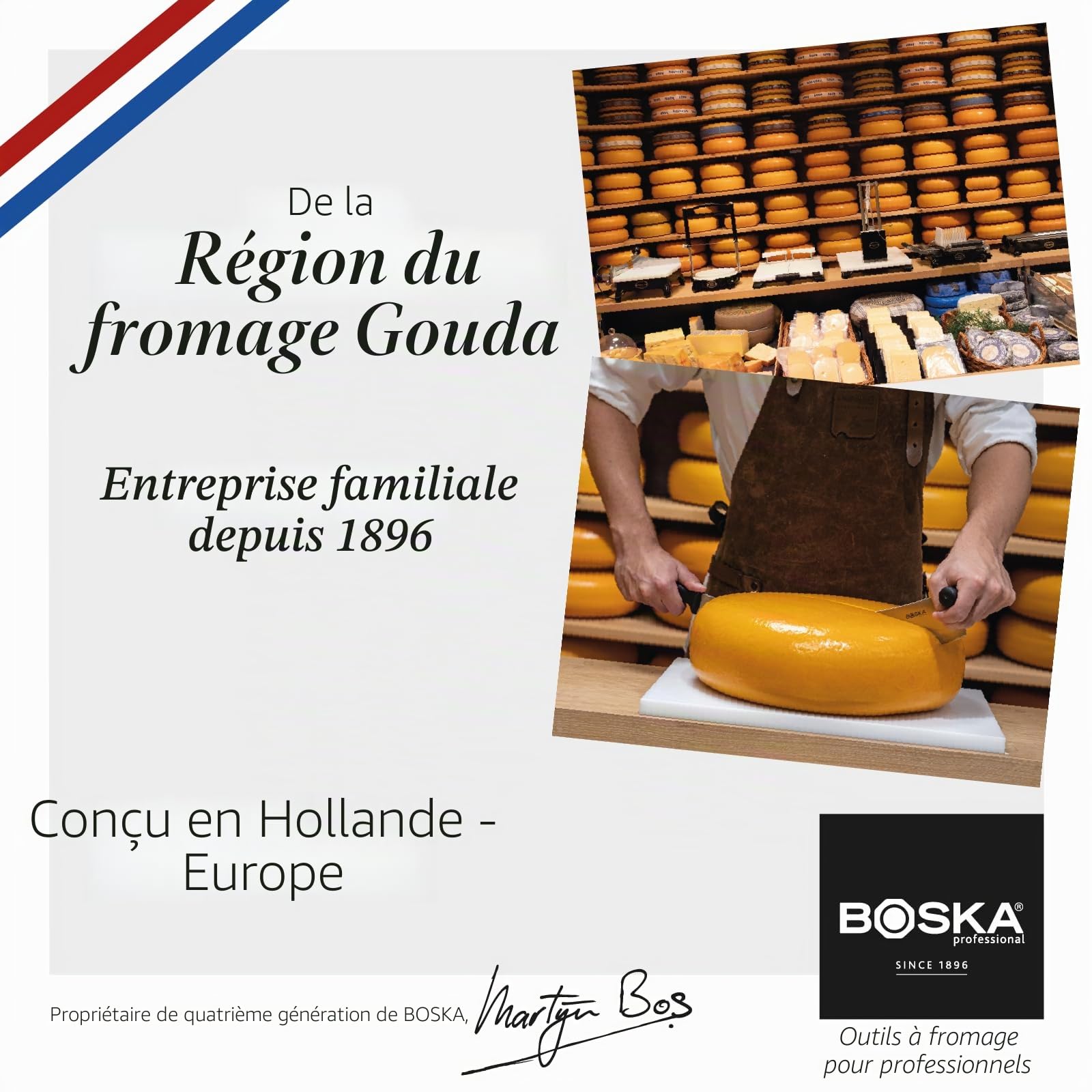 BOSKA Couteau à Fromage Hollandais Professionnel L – Acier Inoxydable, Poignées en Bois, Lame Incurvée, Pour Fromages Grands et Affinés – 380 mm
