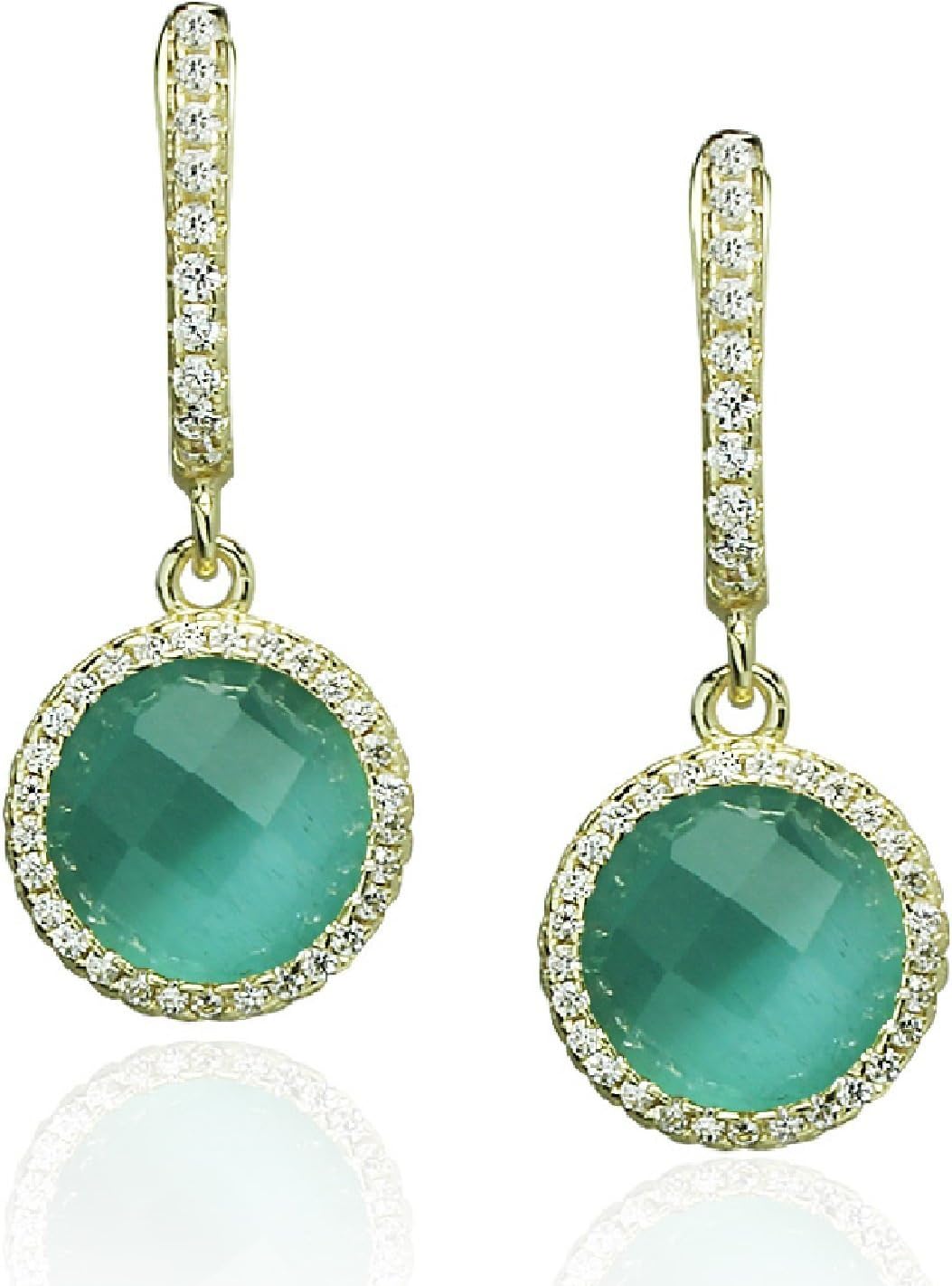 Piers Design Aqua Cats Eyes Glass Earrings, CZ Border, Round, Gold Tone Sterling Silver, 12mm