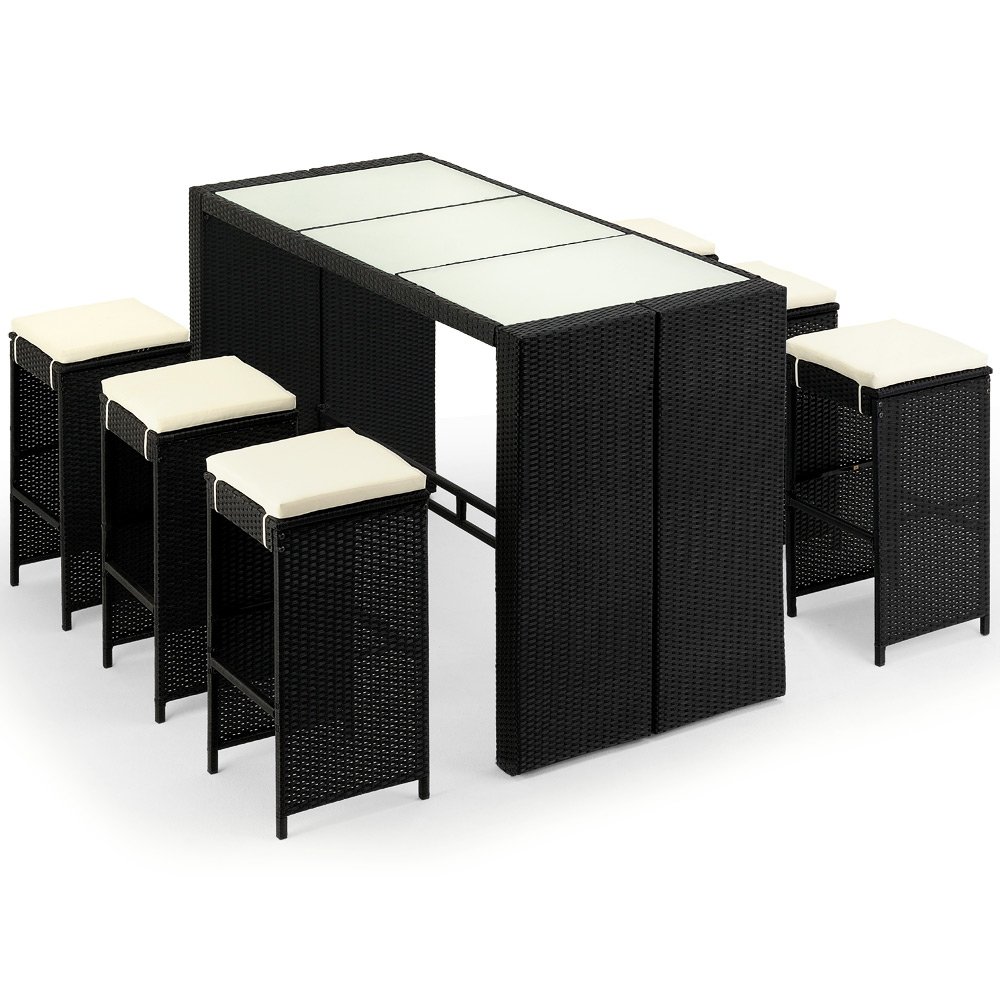 Deuba Bar de Jardin 6+1 en Polyrotin Noir avec Coussins Ensemble Table et Tabourets d'Extérieur
