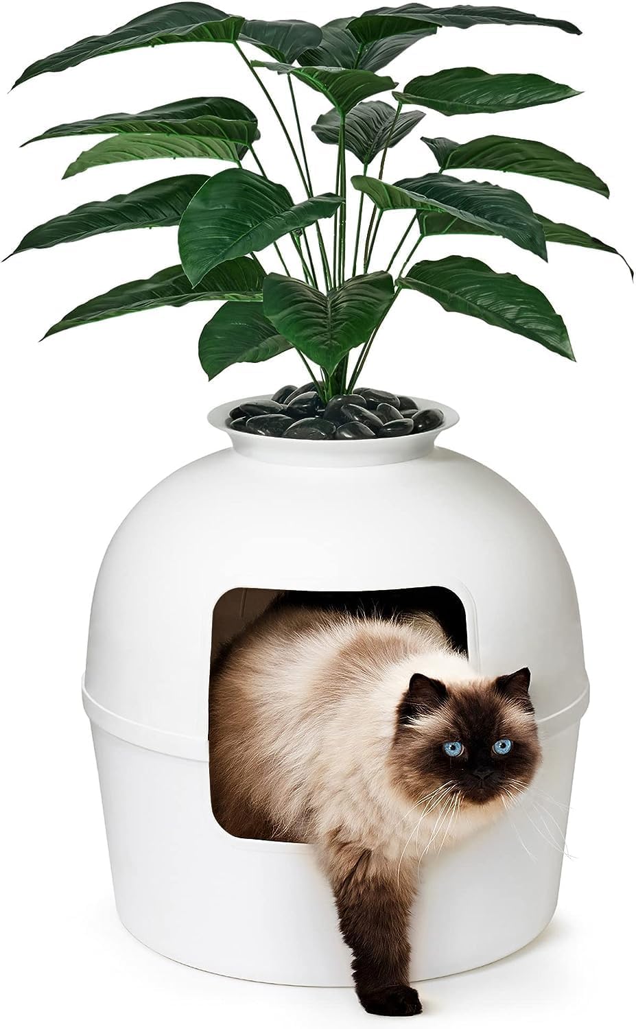Secret Litter Box by Bundle & Bliss - Hidden Litter Box Enclosure, Patented Design with Odor Control, Includes Faux Plant, Carbon Filter and Real Stones Vivid White