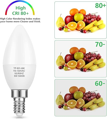 Miniatura 6 de MAXvolador Paquete de 12 bombillas LED E12 para candelabro equivalente a 60 W, 6 W, 600 LM, bombilla de araña de 5000 K, lámpara de vela B11 con