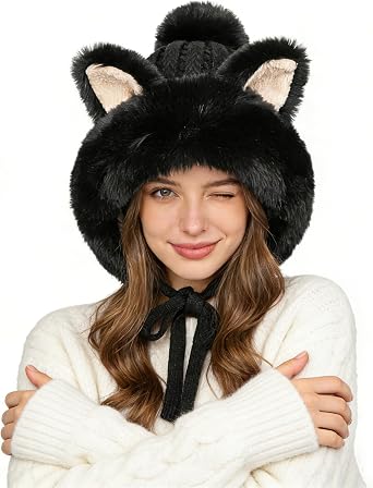 Winter Cute Faux Fur Beanie Hat Women Cat Ear Furry Bucket Hat Cover with Earflap Pompom Russian Warm Plush Trapper Hat