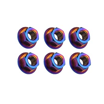 Grade 5 M10 Titanium Flange Nuts 6Pcs Burn Blue, M10x1.5mm | 6AL4V titanium flange nuts designed for motorcycles, sprockets, and racing upgrades with high strength and durability.