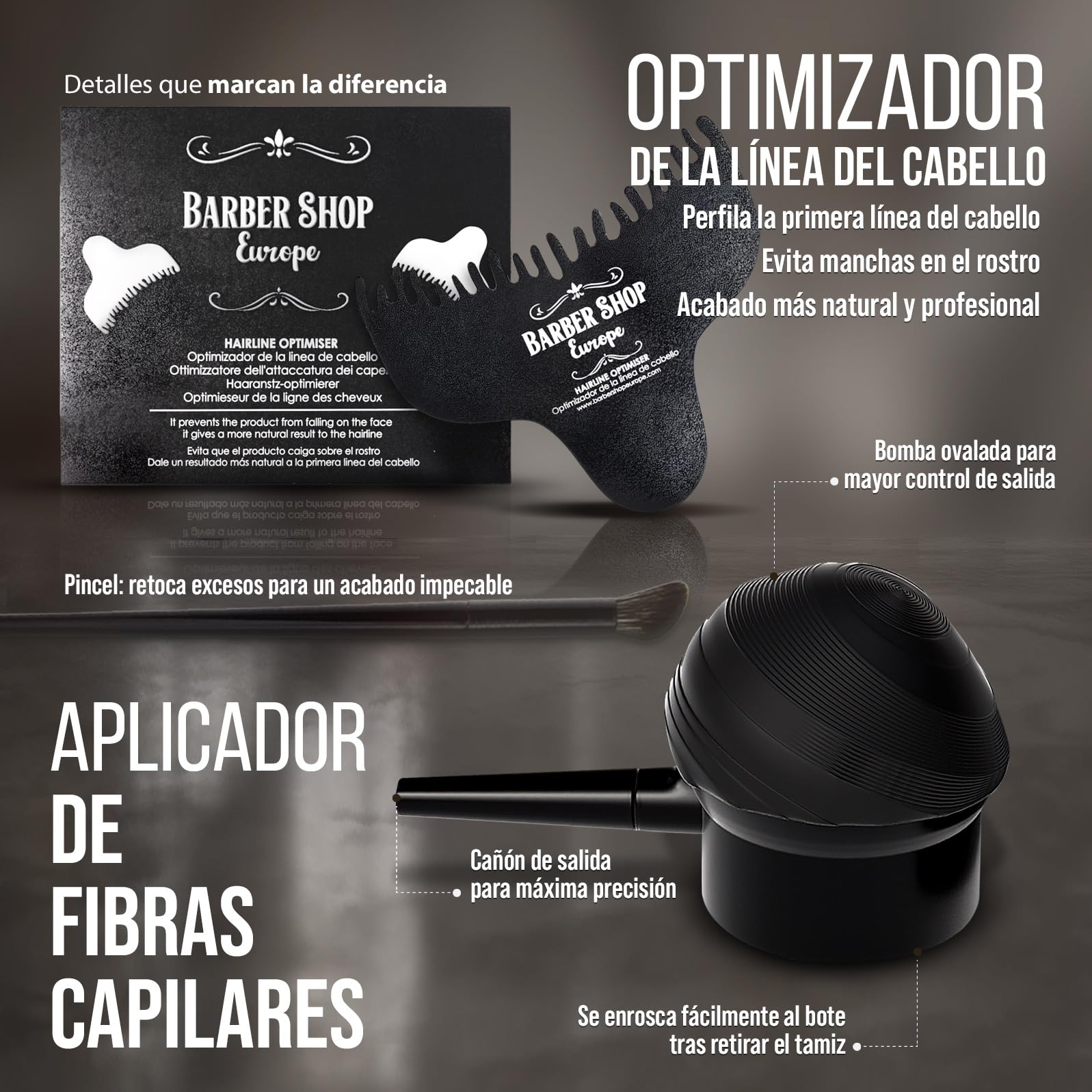 Kit Fibras Capilares Castaño Oscuro - Hair Fiber - Fibra Capilar Hombre Mujer - Aplicador - Fijador Aceite Ricino - Guía de Fibras Capilares - Optimizador Línea - Espejo y Pincel de retoque