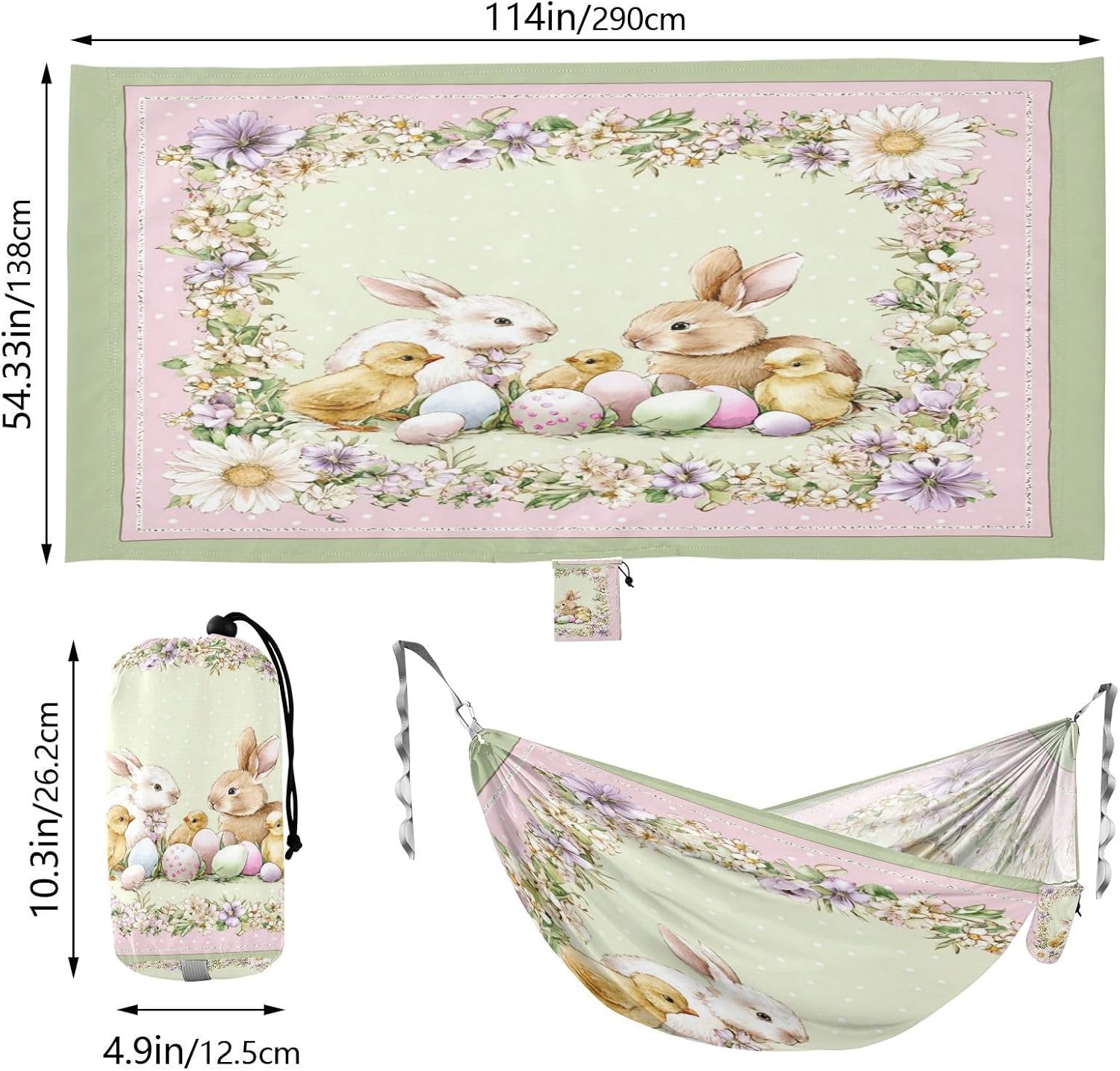 Camping Hammock Watercolor Easter Bunnies Pink Single Portable Hammocks 500 lb Upgraded Thickened with Tree Straps and Attached Carry Bag,Perfect for Outdoor,Indoor,Beach,Camping,Travel