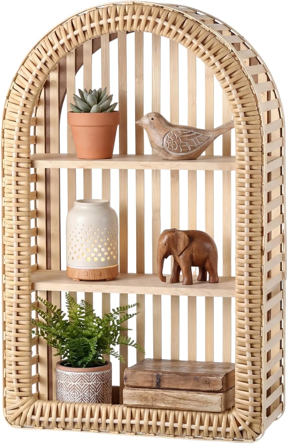 Pinkunn 20'' x 12'' 3 Tier Rattan Wall Shelf Boho Arch Hanging Shelves Arched Wall Mounted Wicker Shelf Decorative Farmhouse Handcraft Floating Storage Display Rack for Bathroom Living Room Decor
