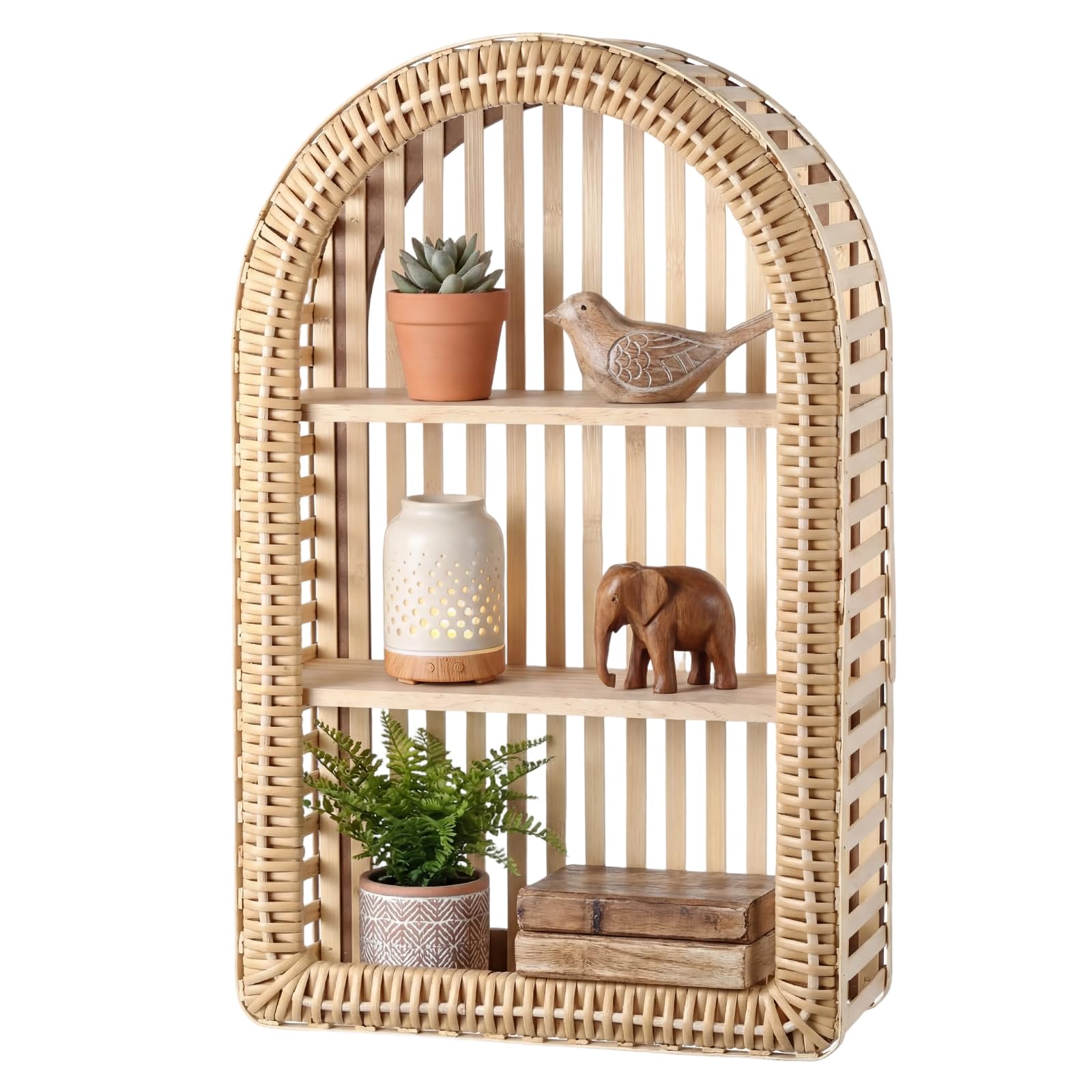 pinkunn 20'' x 12'' 3 tier rattan wall shelf boho arch hanging shelves arched wall mounted wicker shelf decorative farmhouse handcraft floating storage display rack for bathroom living room decor