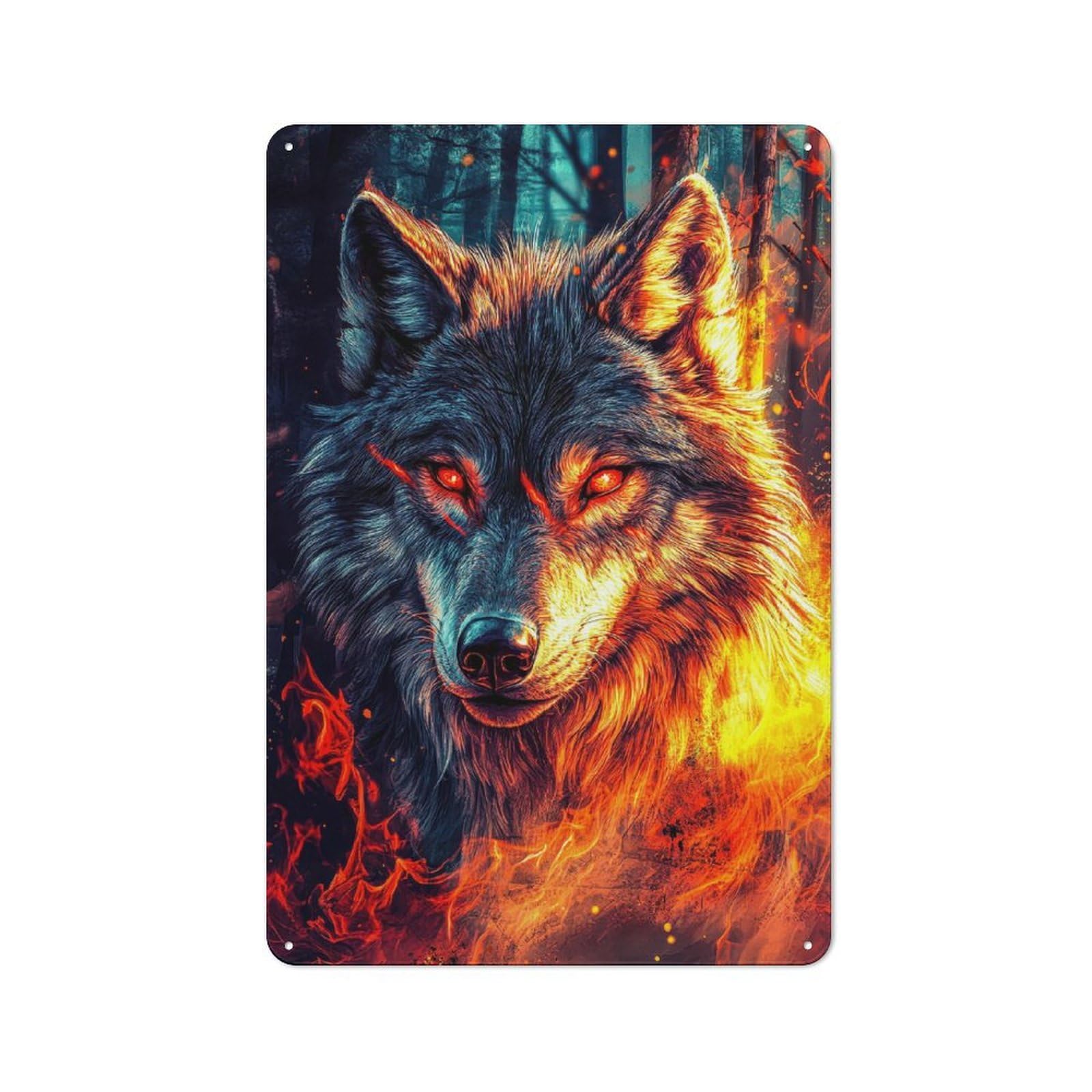Junmoney Style-17 Fiery Wolf In A Dark Forest Vintage Metal Wall Decor 30X20cm, Tin Sign For Cafe, Pub, Workshop Or Home Bar, Small Accent For Blank Walls