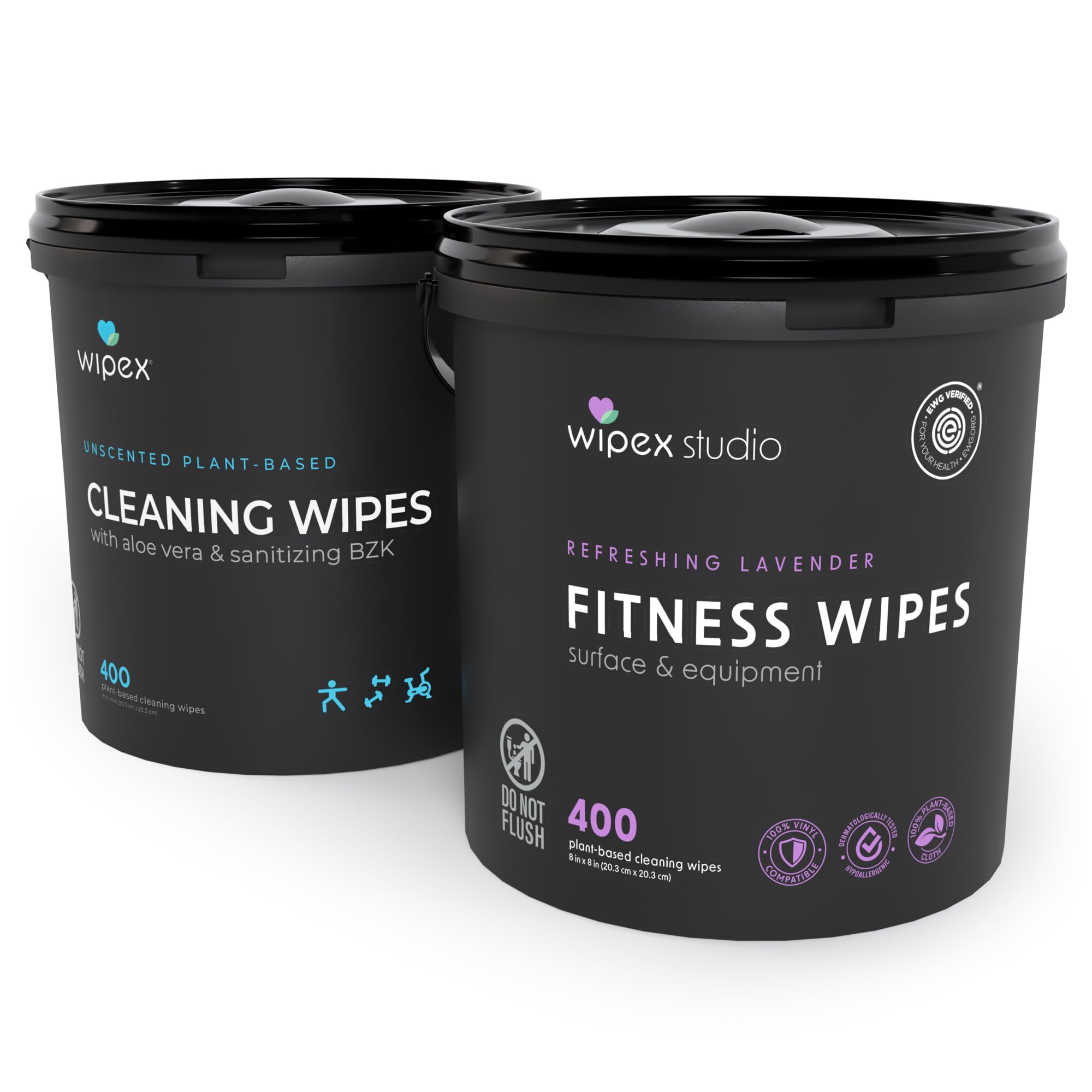 Wipex Gym Wipes for Equipment Bundle - Get 2 Bucket (1) Lavender & (1) Sanitizing BZK Plant-Based Fitness Equipment Wipes, Clean Surfaces & Mats, Safe Gym Cleaner & Peloton Wipes, 400 Ct (Pack of 2)