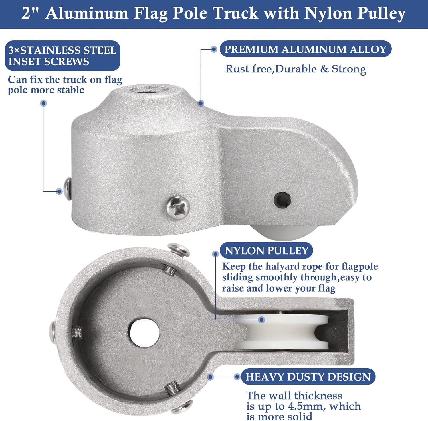 NQ Flagpole Hardware Repair Parts Kit-50 Feet Halyard Rope +3" Silver Ball+6" Zinc Alloy Cleat +4 PCS Metal Swivel Snap Clips+Aluminum Alloy Flagpole Truck with Nylon Pulley for 1.6"-2" Flag Poles Top : Patio, Lawn & Garden