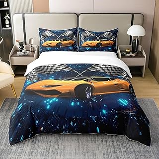 Kids Sports Car 100% Cotton Duvet Cover Sets Full Size,3 Piece Race Car Bedding Set With 2 Pillowcases For Teens Boys Girls Bedroom Decor,Black White Check Flag Comforter Cover,Glowing Neon Bed Sets
