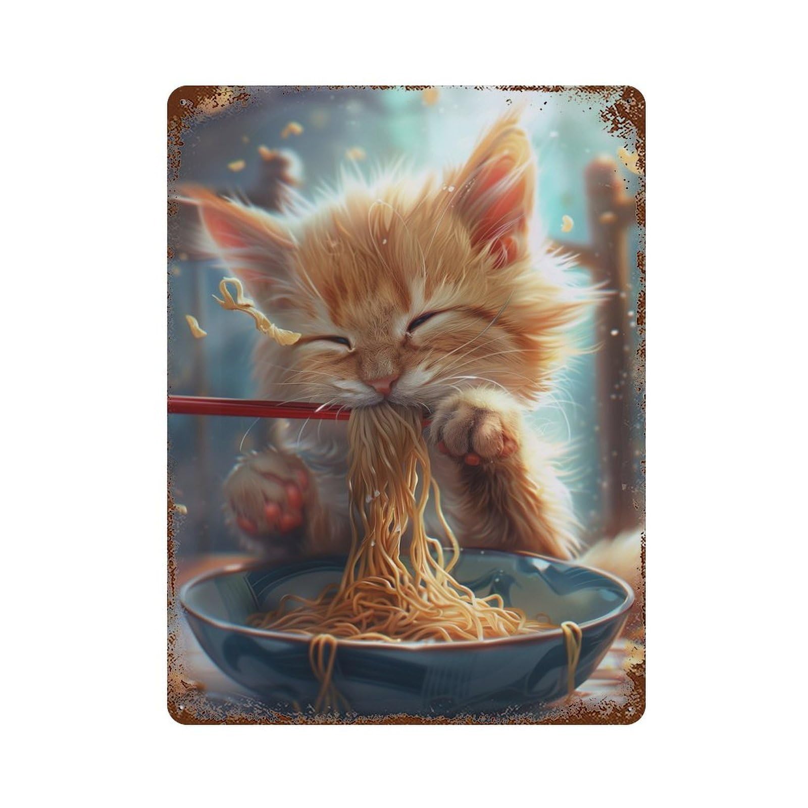 Rust Effect Cute Kitten Ramen Noodles Vintage Rust Metal Sign 15.7"x11.8", Rustic Home Decor for Farmhouse, Kitchen And Entryway Decor