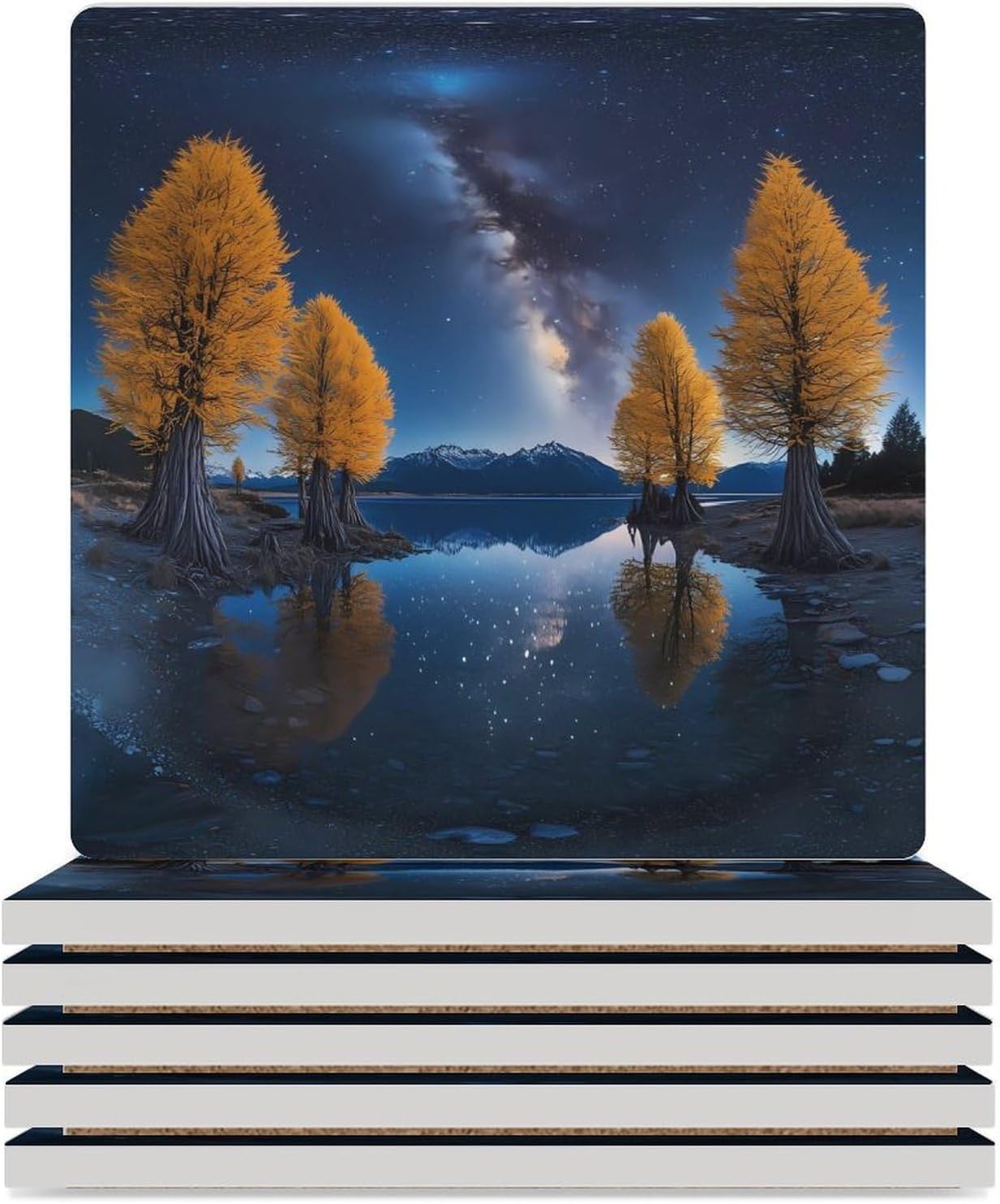 Starry Sky Tree Coasters for Drinks Square Ceramic Coasters Cup Mats with Cork Base