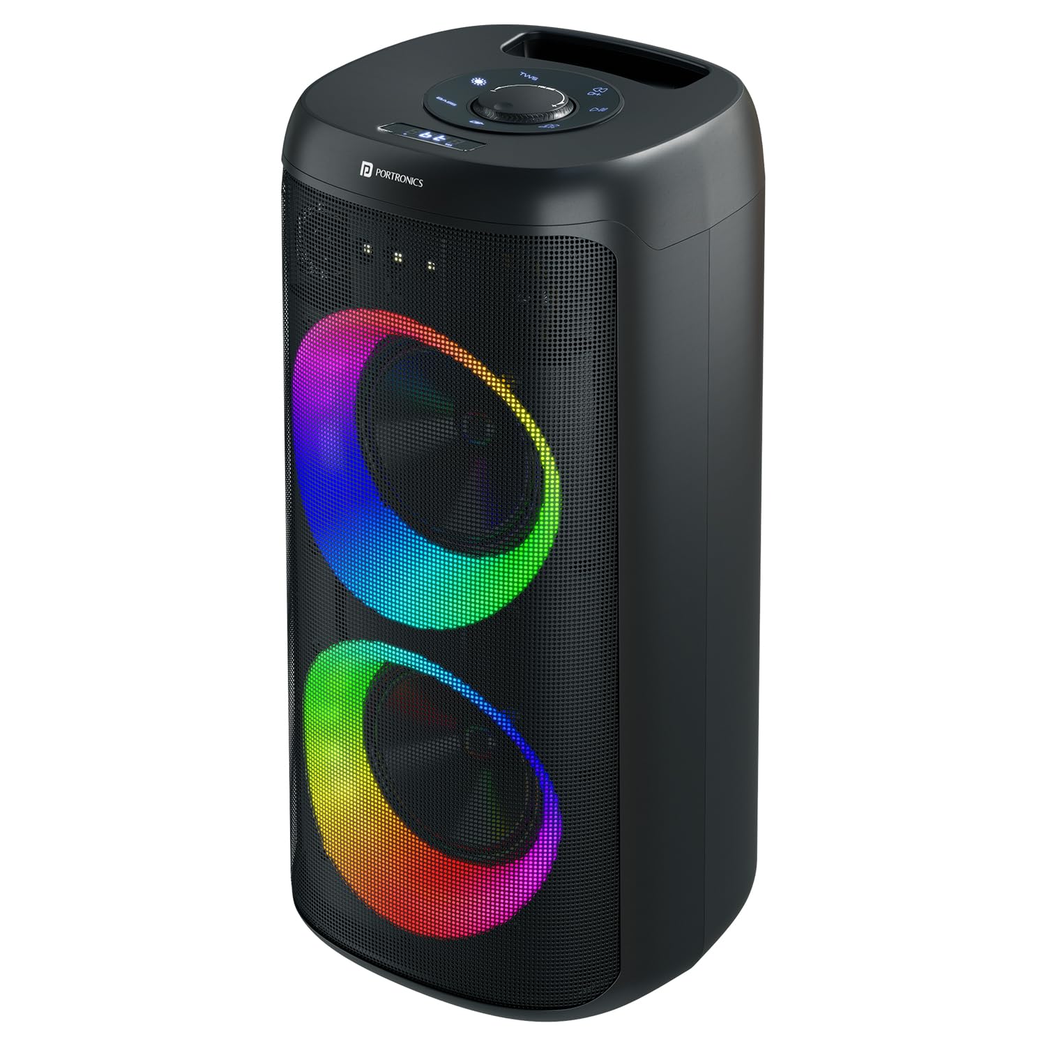 Portronics Dash 14 speaker with visible dual bass drivers and RGB lighting