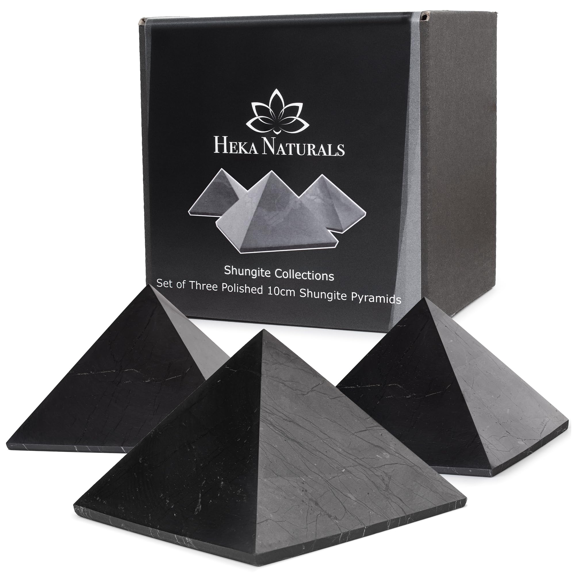 Heka Naturals Piramide di Shungite Levigata Pietra Nera Set di 3 | 10 cm – Decorazioni Casa Shungite Pietre Naturali Prodotti - Pietre Chakra Cristalli Curativi Meditazione