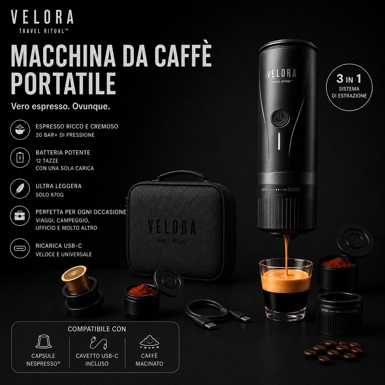 Generico VeloraTravelRitual Macchina Caffè Portatile – Espresso Ovunque, Compatibile Capsule e Macinato, Ricarica USB, Ideale per Auto, Viaggi, Camper e Outdoor