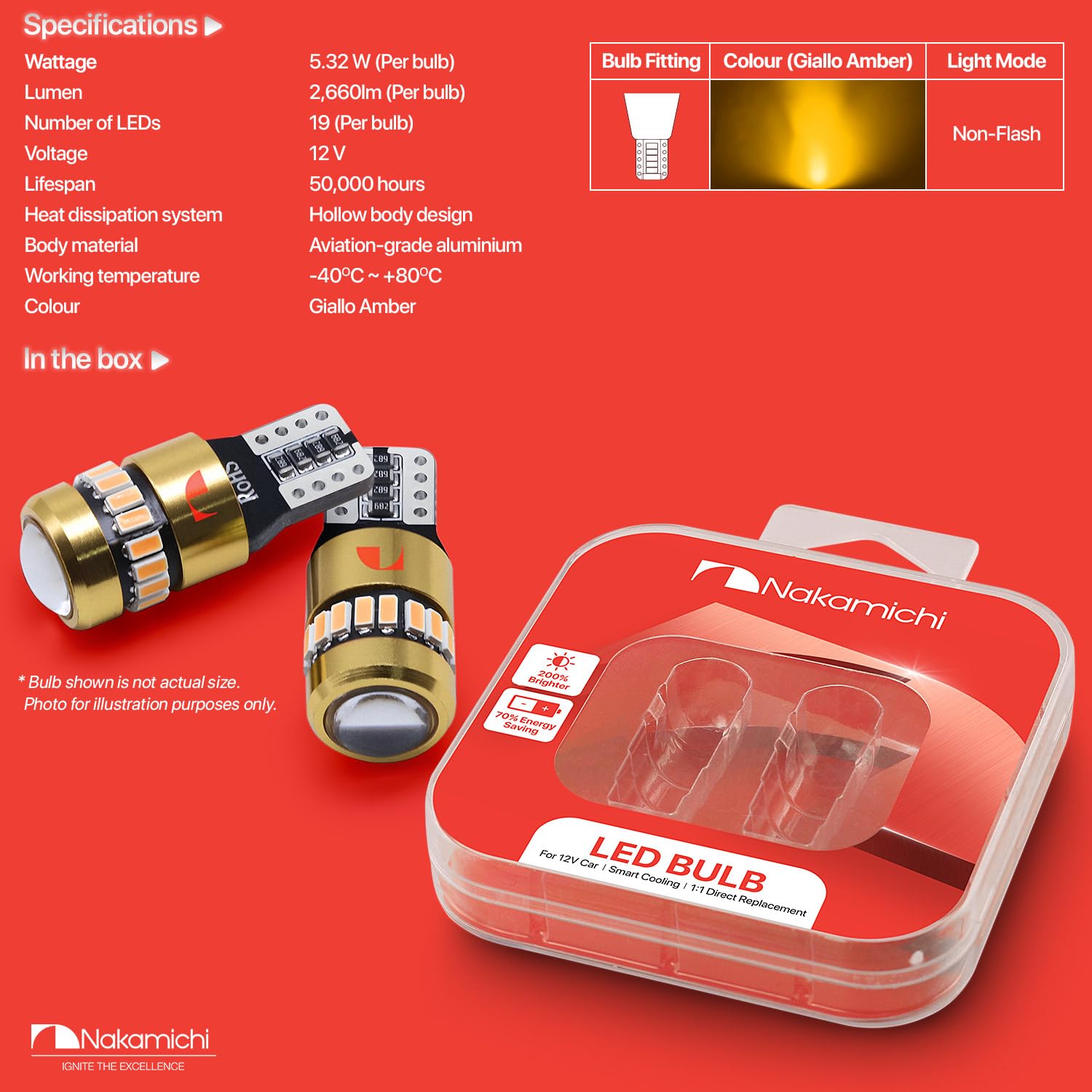 Nakamichi T10 LED Light Bulb 168 2825 194 W5W Wedge 18+1 SMD 3014 Chip LED Replacement Bulbs Error Free for Car Interior Dome Map Door License Courtesy Dash Lights (Giallo Amber, 19 LEDs, Pack of 2) - Image 8 thumbnail