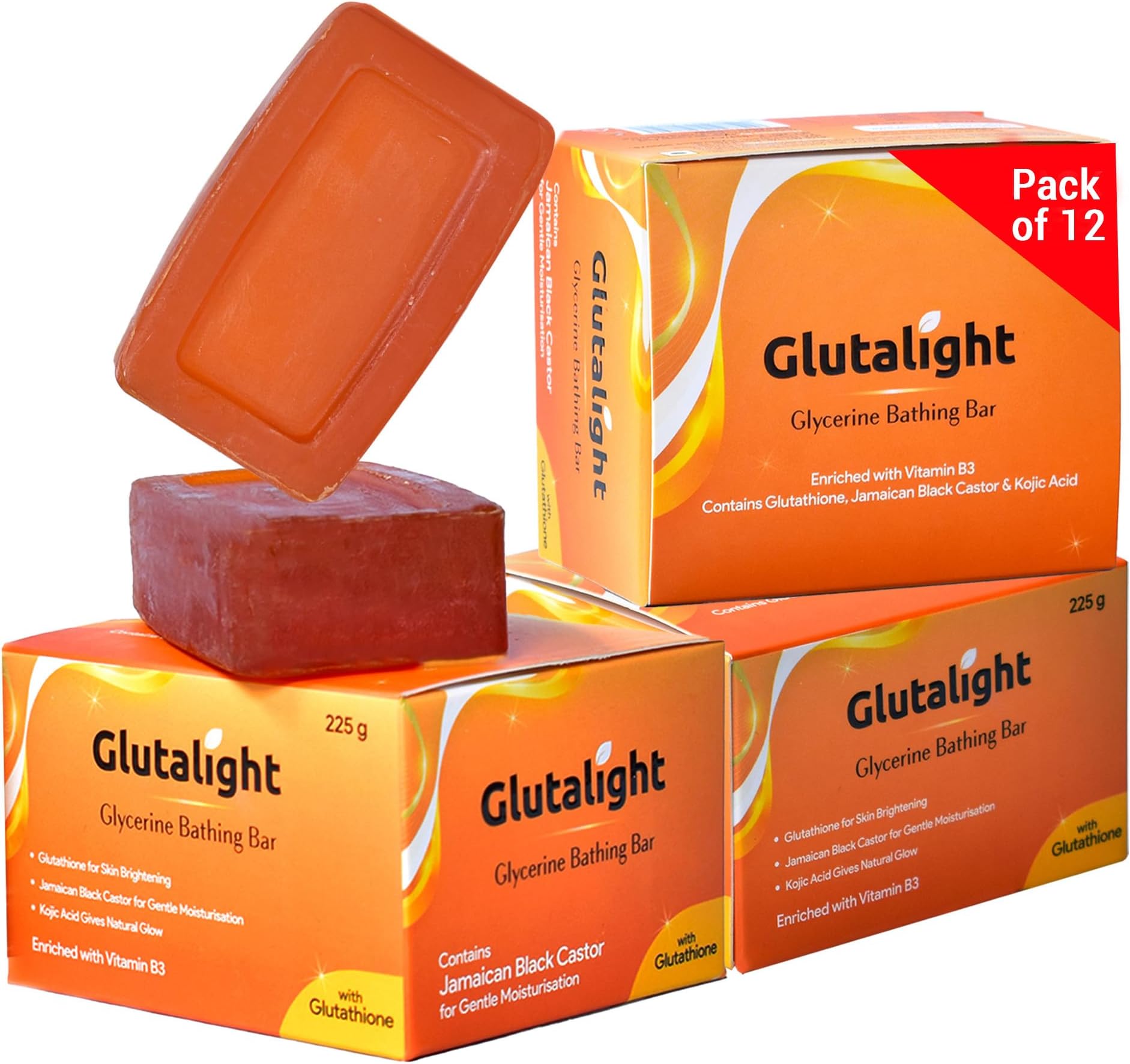 Glutathione & Glycerine Soap with Kojic Acid for Radiant Skin |Enriched with Black Castor Oil|Ideal for Winter Dryness Sensitive Skin & Tan Removal|Deep Moisturizing Bath Soap - Pack of 12