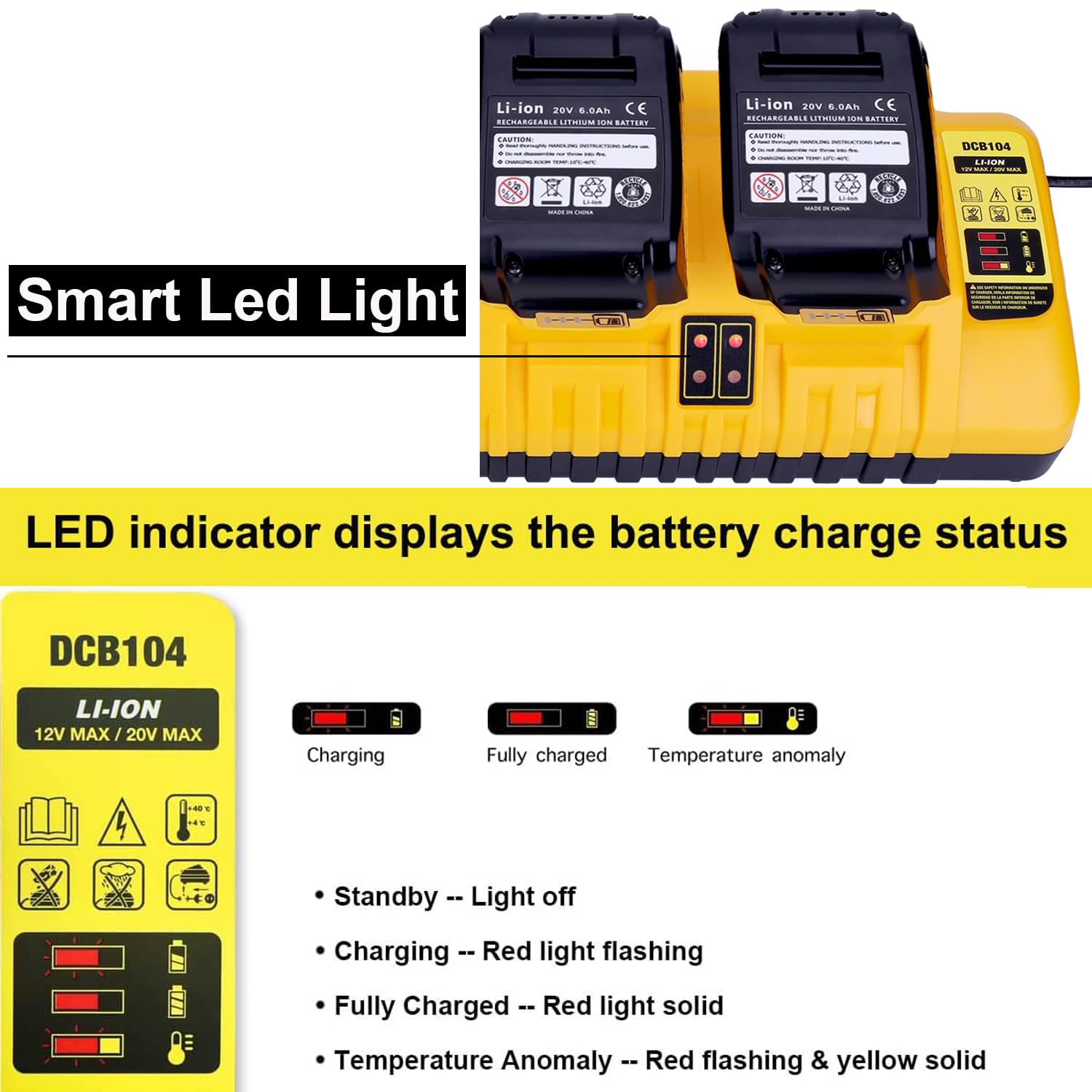 4-portowa szybka ładowarka zamiennik dla Dewalt 12 V 20 V Max DCB104, kompatybilna z akumulatorem litowym Dewalt 12 V 20 V Max DCB120 DCB127 DCB200 DCB206