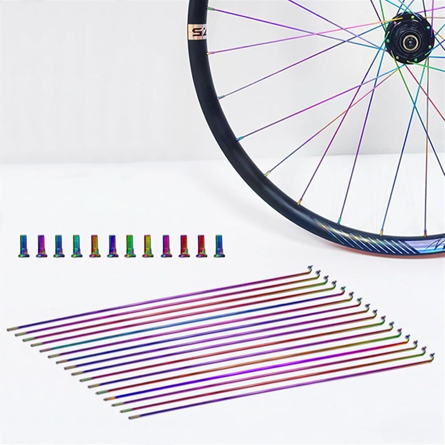 36Pcs Bike Spokes with Nipples 14G Rainbow Spokes Bike Repair Replacement Tool Accesseries Aluminum Alloy Bike Spoke Parts Cycling