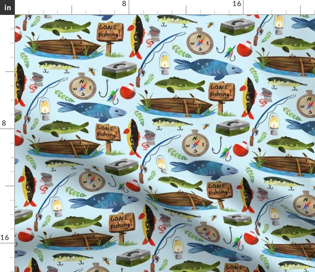 Spoonflower Fabric - Fishing Pale Blue Scale Boys Fish Summer Lake Outdoors Camping Printed on Petal Signature Cotton Fabric by The Yard - Sewing Quilting Apparel Crafts Decor