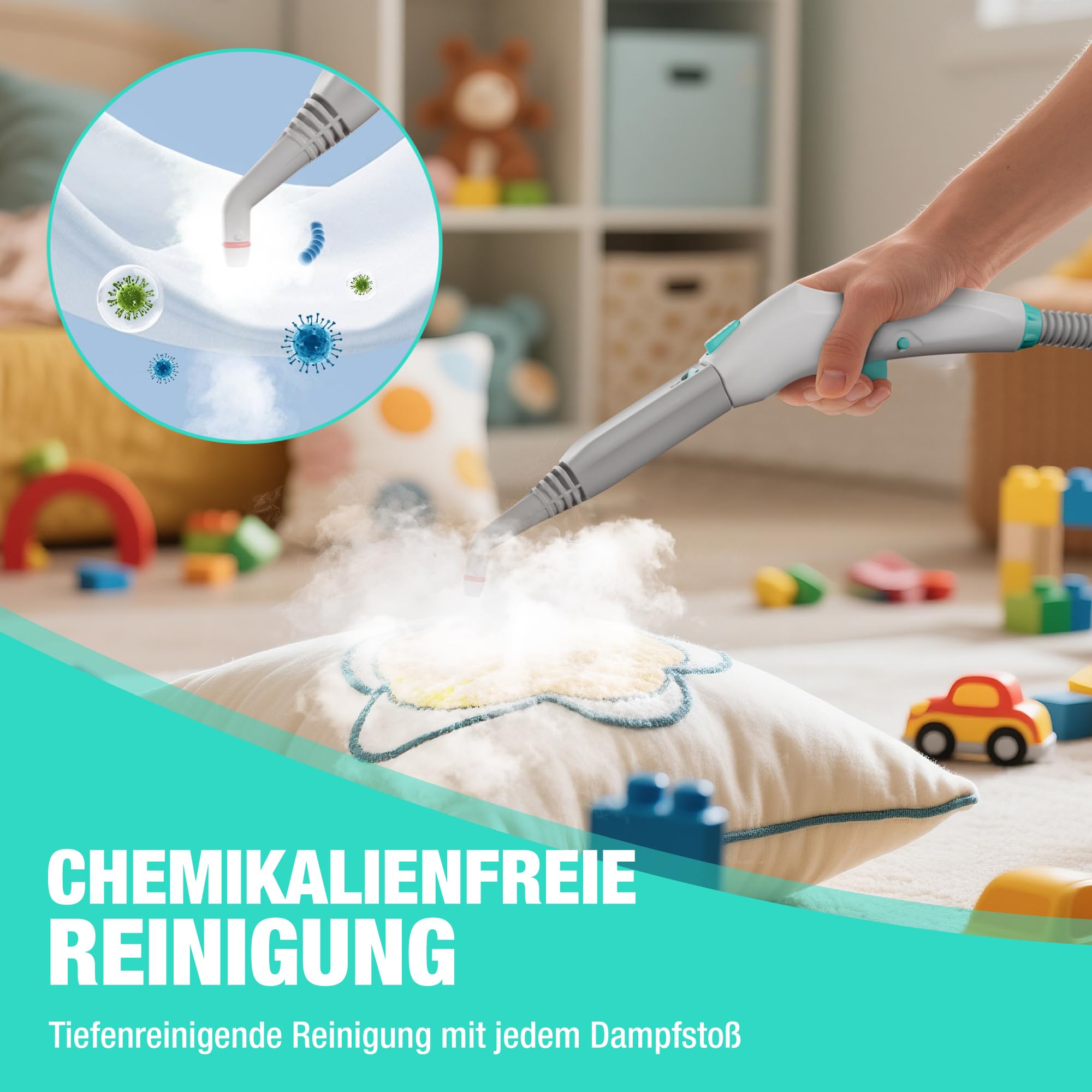 HAUSHOF Dampfreiniger 2000 W, mit 1,5 L Tank, max. 4 ,0 bar Dampfdruck, Aufheizzeit 8 Min, Dampfzeit bis zu 30 Min, inkl. 16 Zubehör & 3 m Netzkabel, für Boden, Teppich, Fenster & Küche, Weiß-Grün
