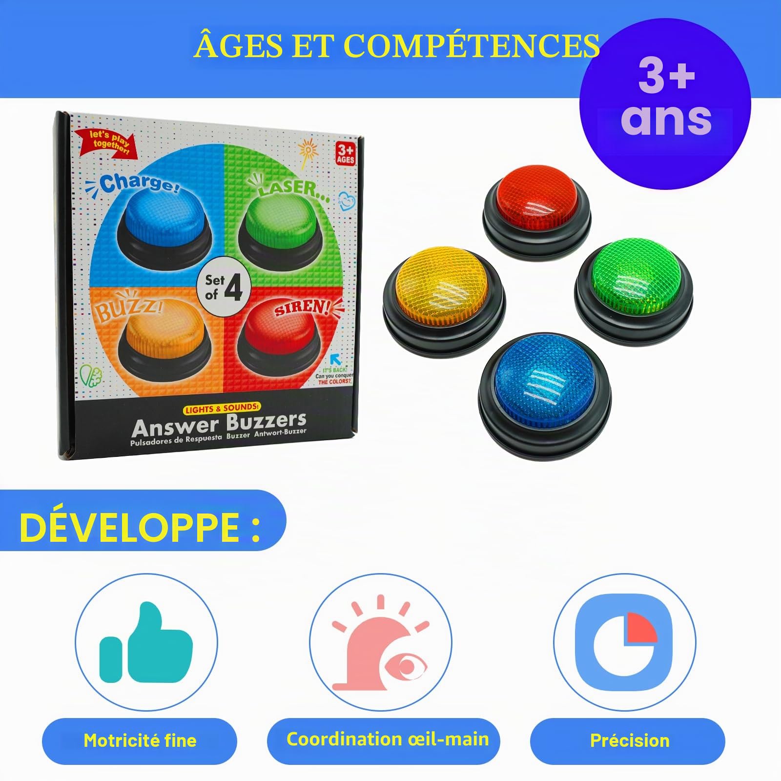 Gelaber Set de 4 Buzzer Blind Test, Buzzer pour Jeux de Questions avec 4 Sons Préenregistrés, Buzzer sonore et Lumineux, Cadeaux de Noël pour Enfants