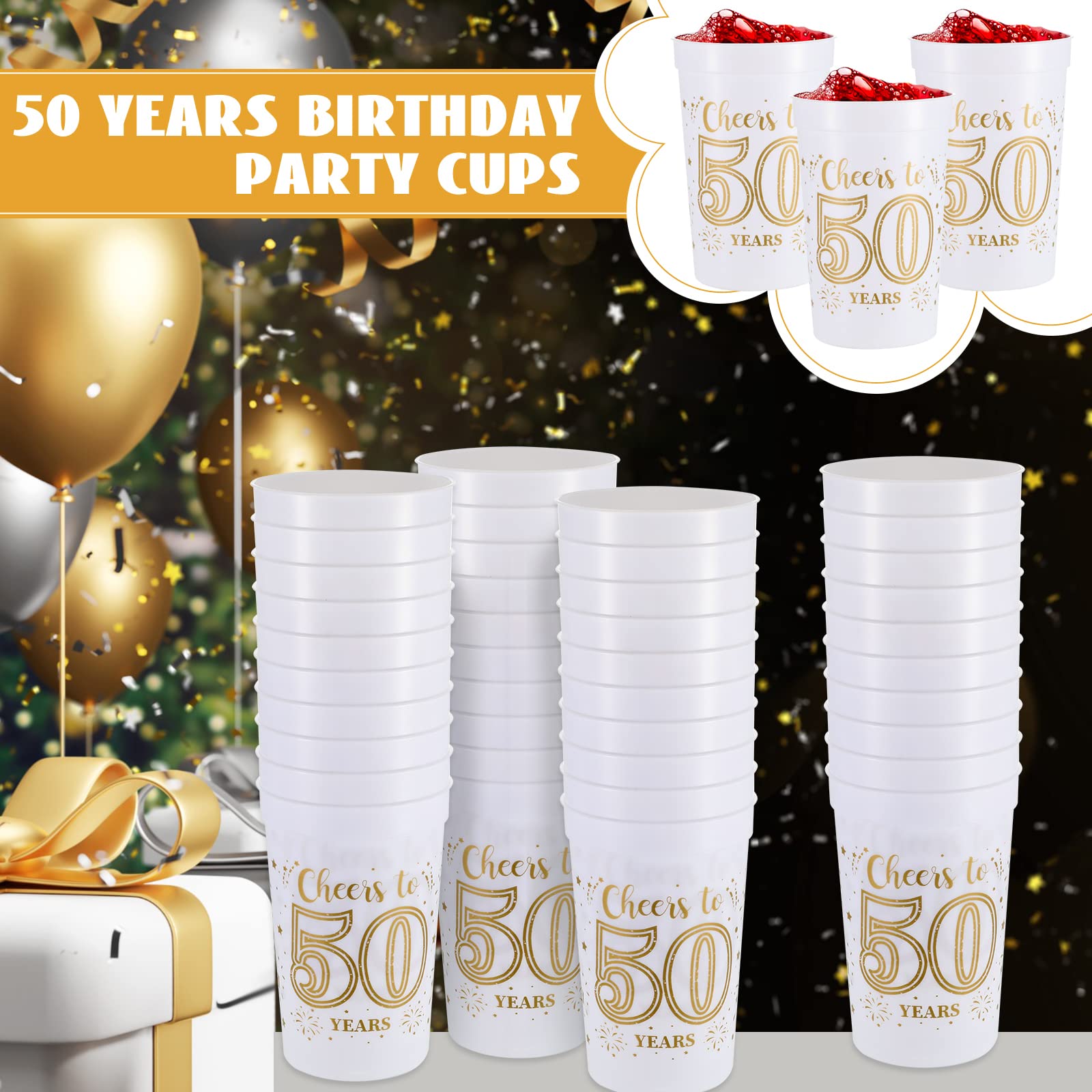 Lallisa 40 Stück 473 ml Becher zum 50. Geburtstag, Partybecher zum 50. Geburtstag, Partydekoration, Partydekoration für 50. Geburtstag, Partygeschenke für Prost bis 50 Jahre, Gold und Weiß, 40 Stück