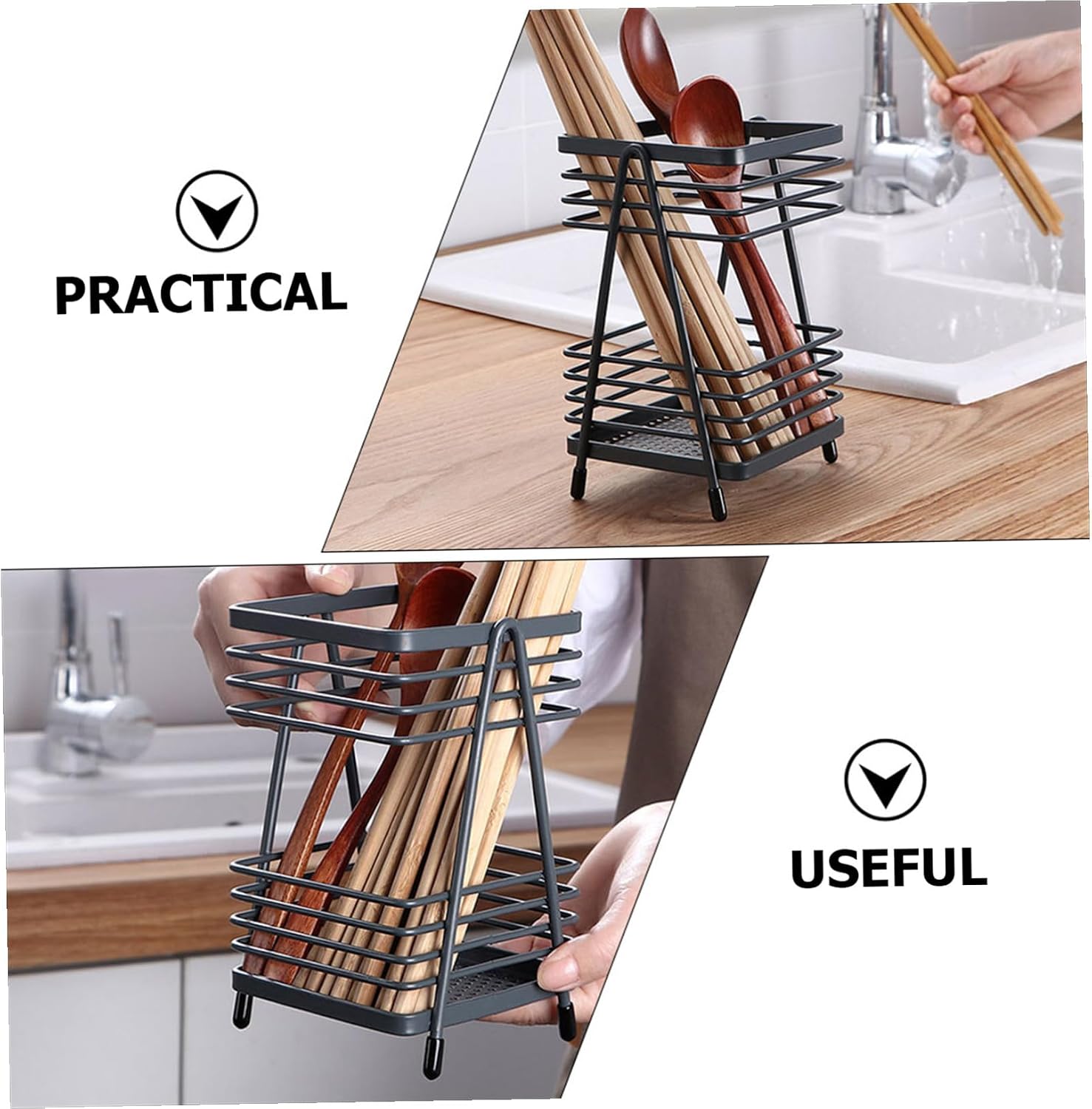 Chopstick Holder for Kitchen Countertop Metal Utensil Organizer Easy Water Drainage Design Modern Decorative Storage for Cooking Utensils Grey Finish