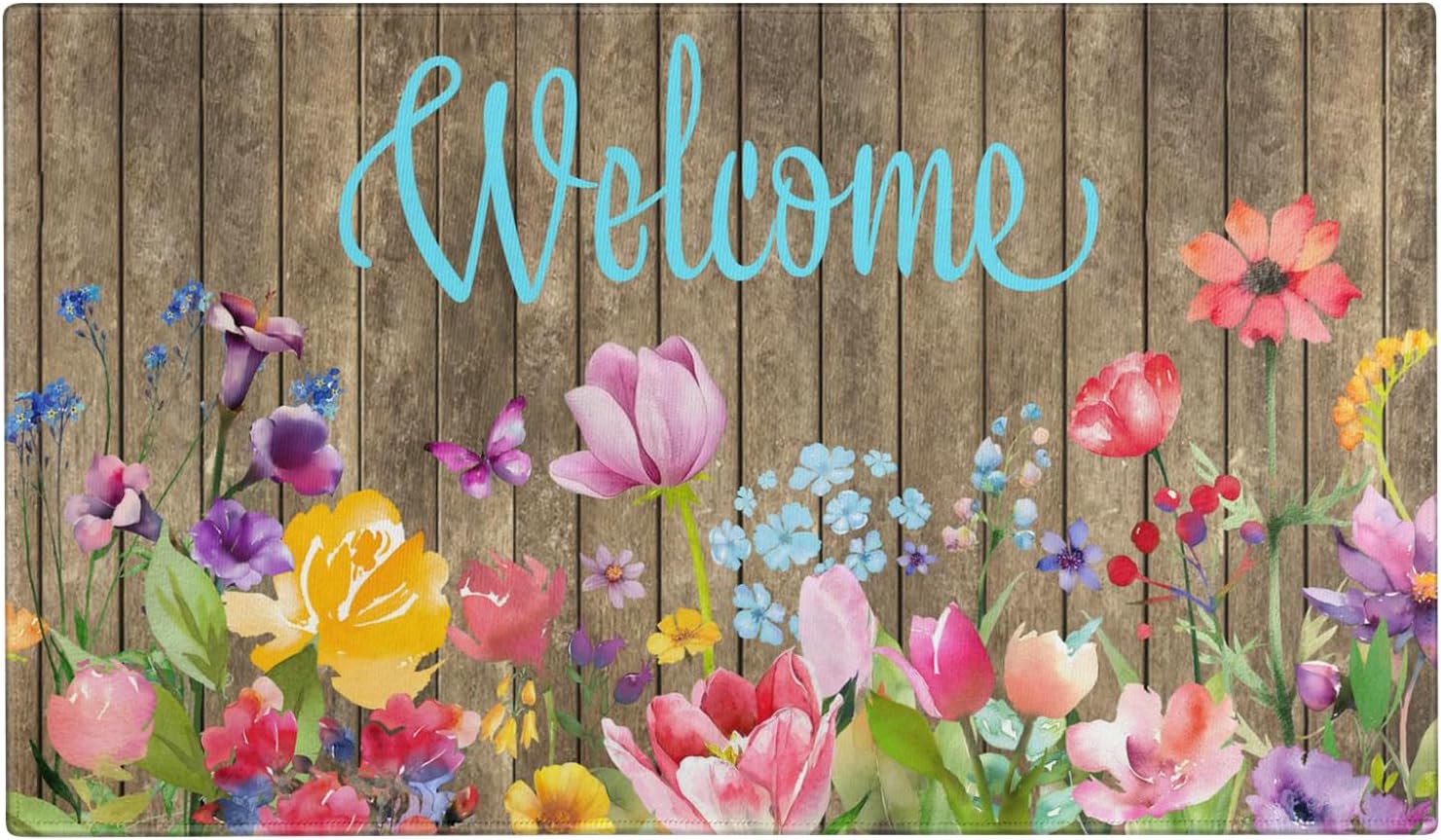 Spring Summer Door Mat,Colorful Flower Watercolor Floral
