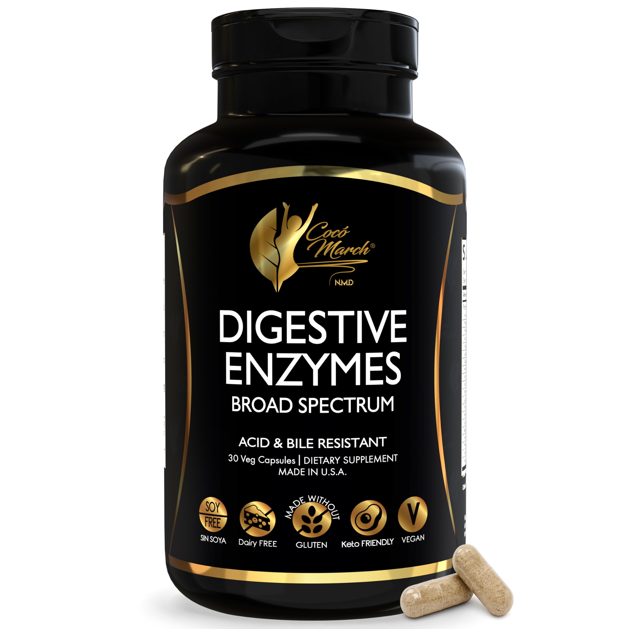 Cocó March N.M.D Digestive Enzymes – Broad Spectrum 18 Enzyme Blend, 600mg Proprietary Blend for Digestive Health, Gas & Bloating Support for Women & Men, Vegan, Dairy Free, 30 Veg Capsules