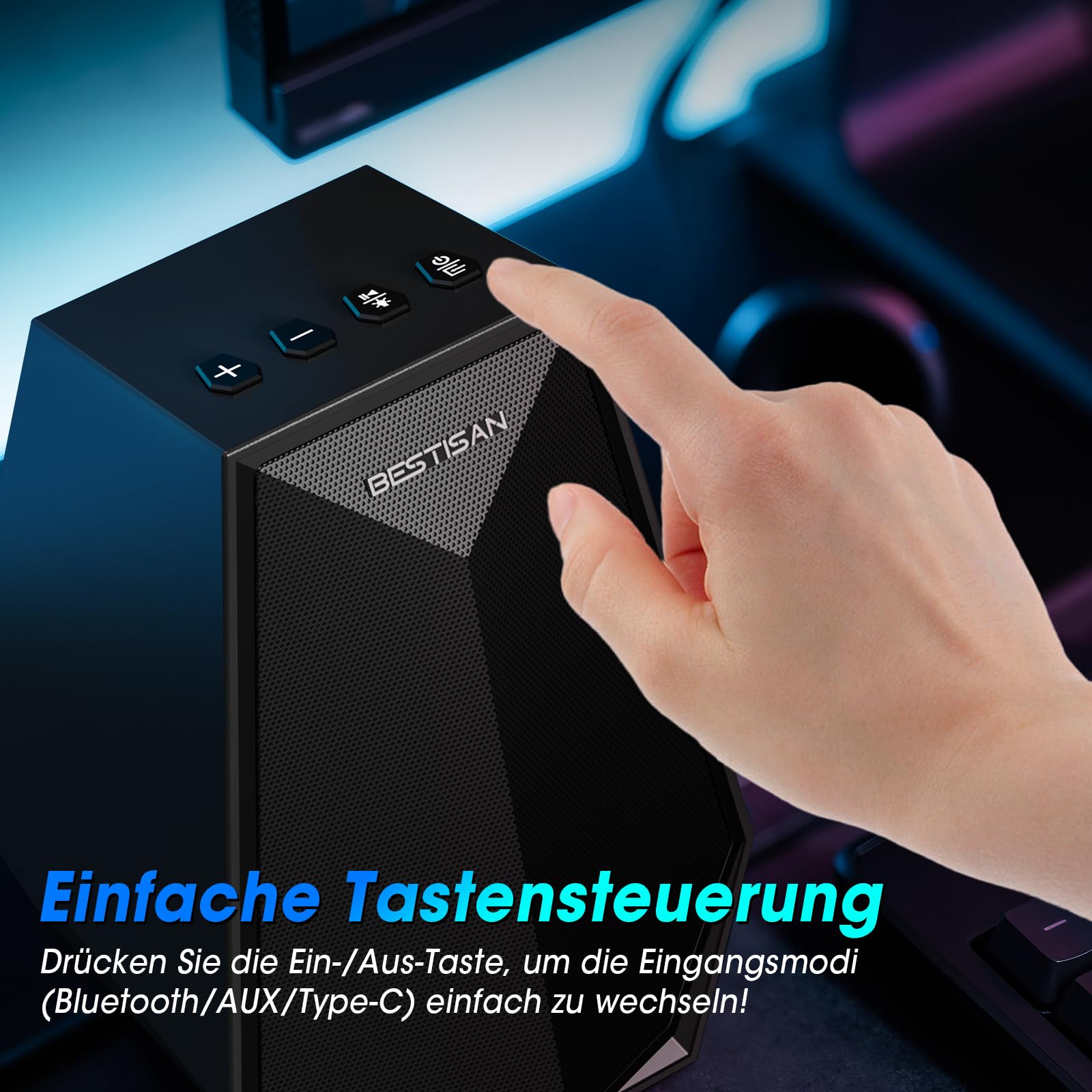 BESTISAN PC-Lautsprecher für Desktop, Bluetooth-Computer-Lautsprecher für Gaming, Monitor, Laptop, 3,5-mm-Aux-/Typ-C-Eingang, Netzbetrieb, Bunte LED-Beleuchtung