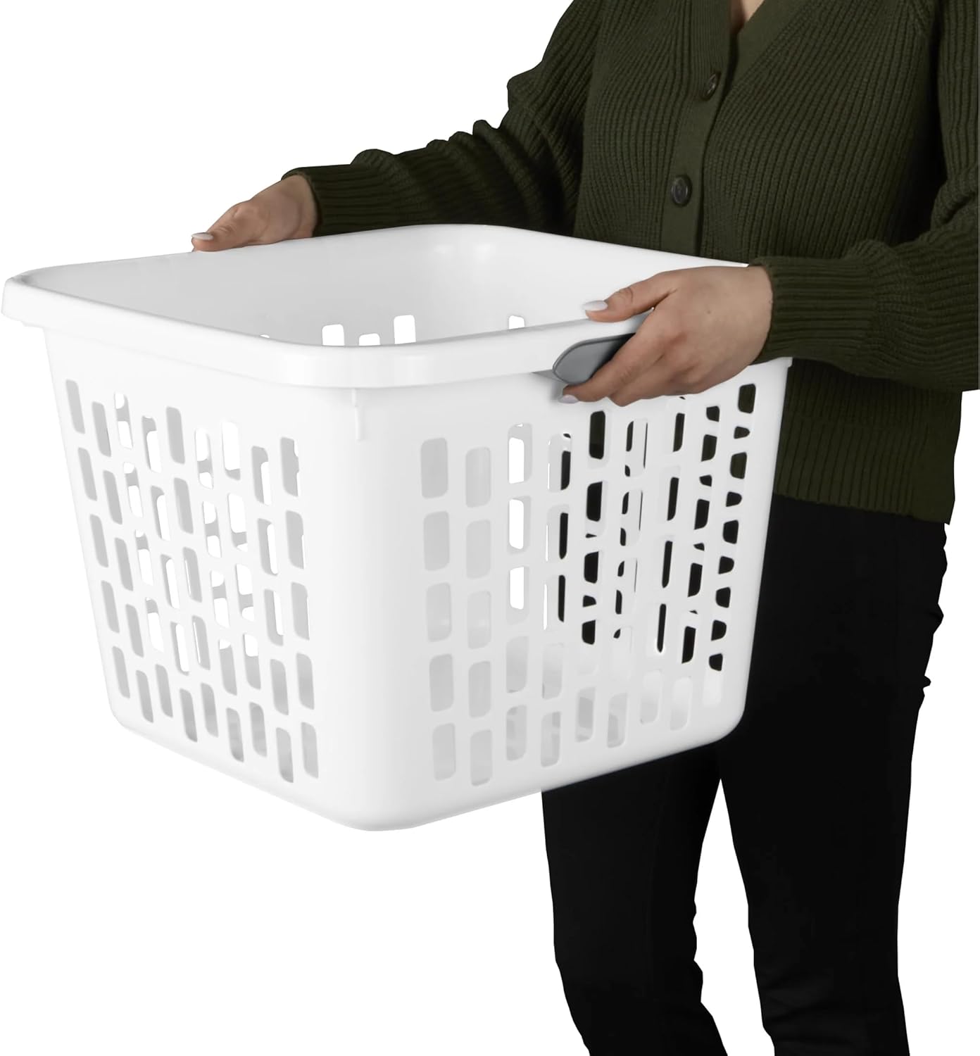 1.5 Bushel Square Plastic Laundry Basket with 2 Comfort Grip Handles, White