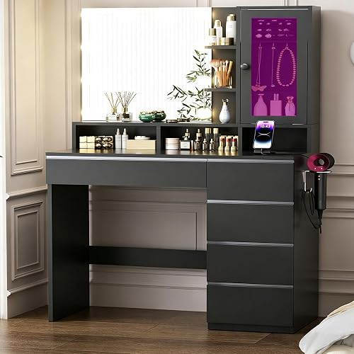 ERLEJIA Vanity Desk with LED Lights Mirror, Makeup Table with