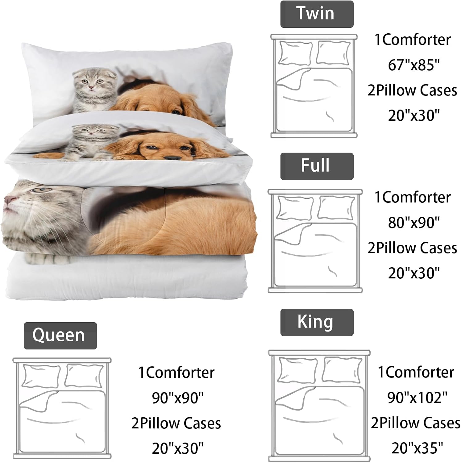 Nttopship Kids Cute 3D Dog Comforter Set 3 Piece Cat and Golden Retriever Bedding Set Queen Size for Kids Cute Pet Bedding Bed in A Bag Bed,Pet Room Decor Comforter with 2 Pillowcases