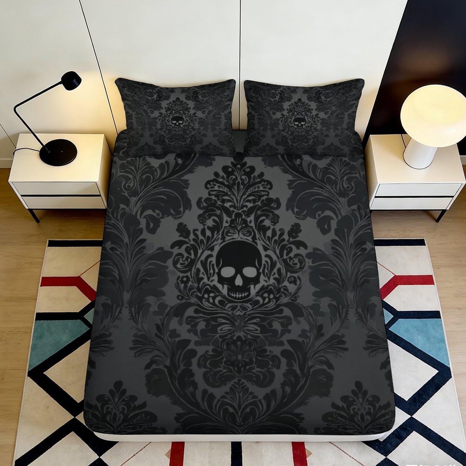 3D Printed Gothic Skull Fitted Sheet Black Microfiber Soft Damask Pattern Mattress Cover for Bedroom Dorm Room Decor 140x200x25cm