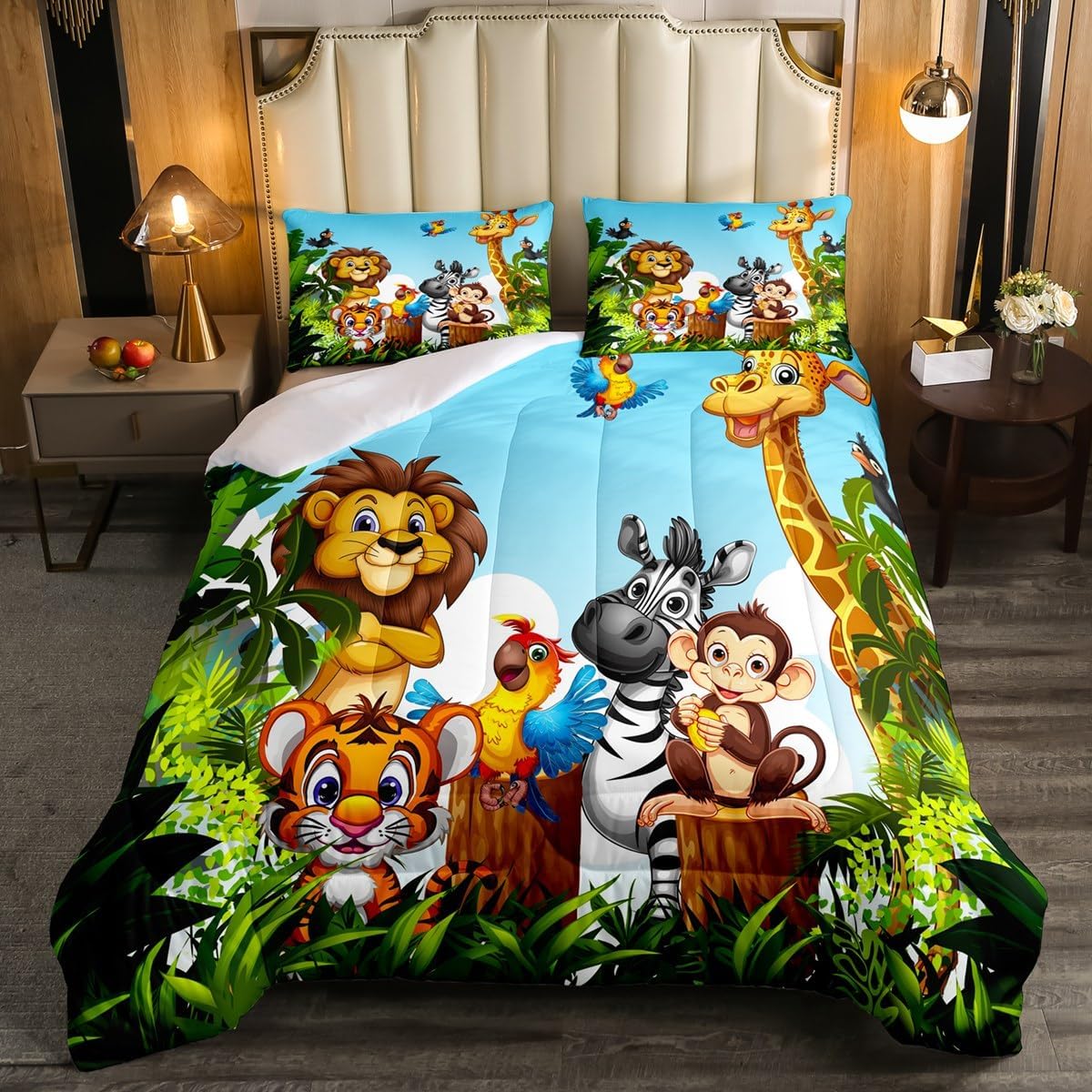 Erosebridal Zoo Animal Bedding Queen Size, Colorful Wildlife Comforter Set Jungle Lion Giraffe Monkey Tiger Print Duvet Set