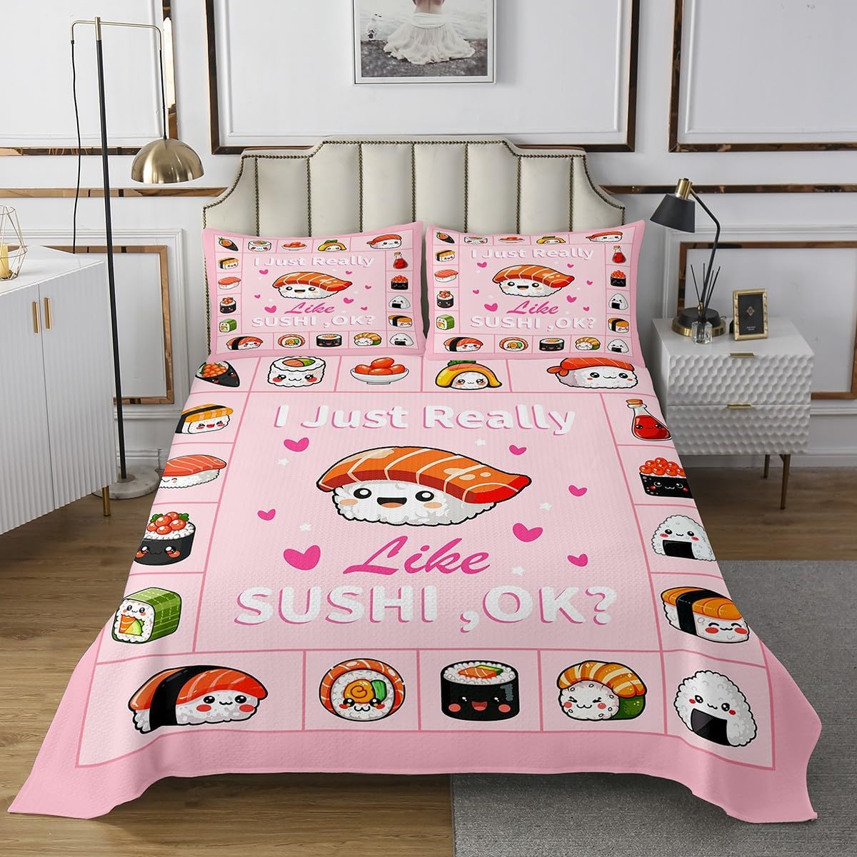 Sushi Bedding Set Twin Size,Cartoon Sushi Food Bedspread 2Pcs,Japanese Style Delicious Food Comforter Set for Kids Girls Boys Teens Room Decor Patchwork Plaid Pink Quilt Coverlet,1 Pillowcase