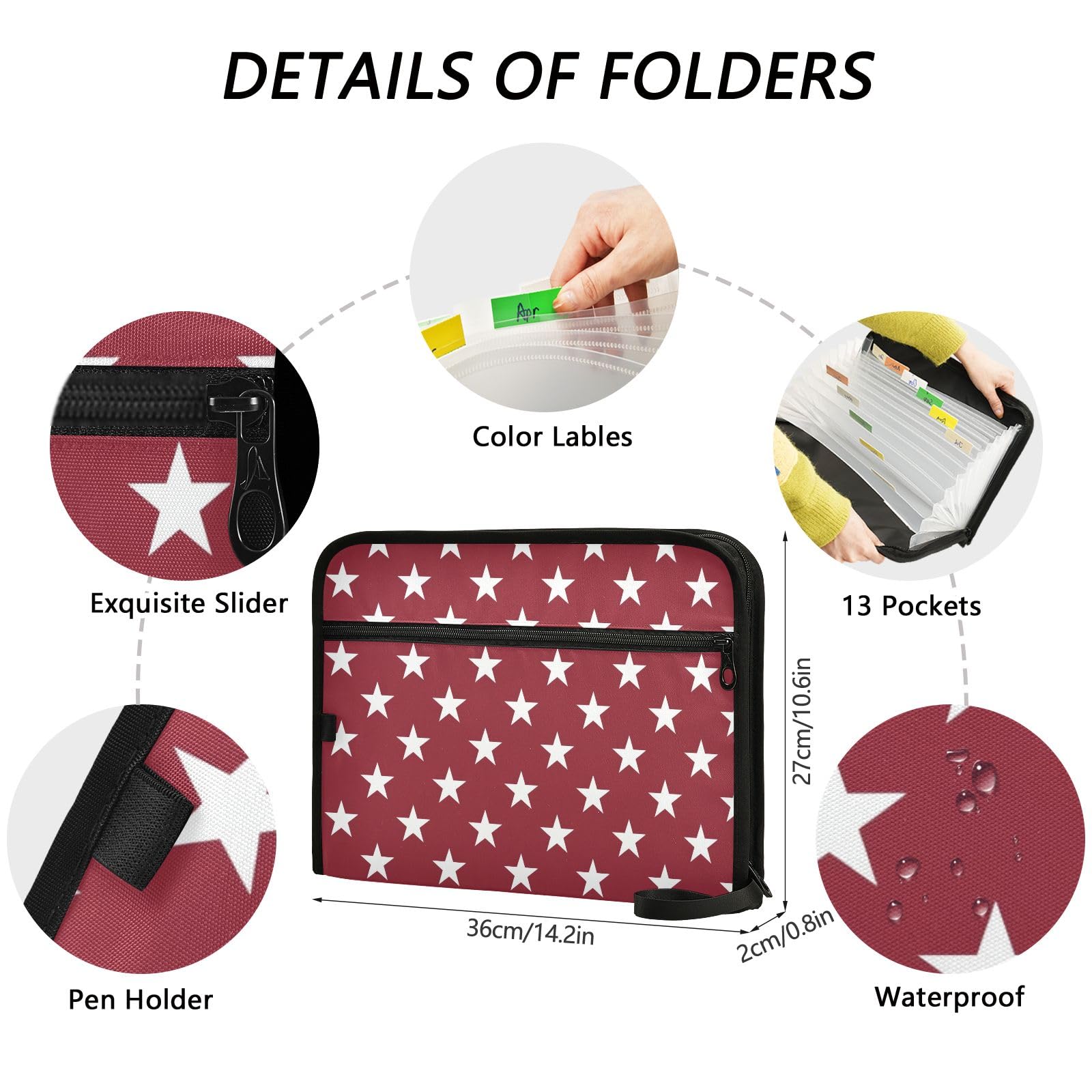 Red Ladybugs Expanding File Folder - 13 Pockets, Zipper Closure, Sticky Labels - Document Organizer For Office & School
