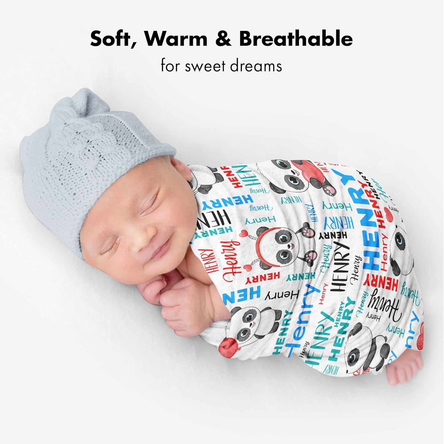 Personalized Adorable Panda Heart Baby Blanket, Adorable Panda Heart Custom Throw, Soft Plush Name Swaddle, Red & Blue Nursery Bedding, Cozy Fleece Newborn Gift, Unique Name Reveal Accessory
