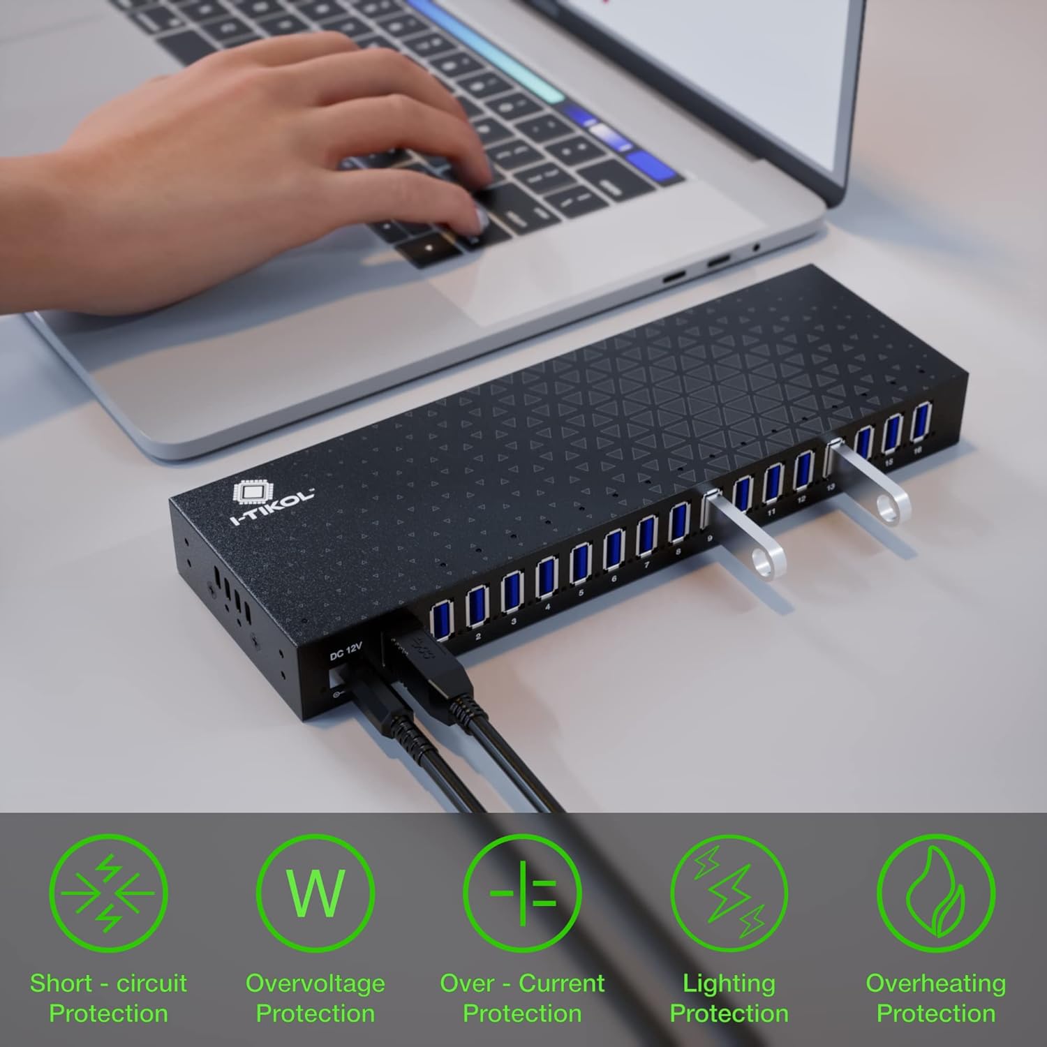 USB 3 0 Hub - 16 Ports Powered USB Hub - Desktop USB Expander Hub - up to 5Gbps High-Speed USB Splitter for Multiple Devices - Aluminum Alloy Multiple USB Hub w/AC Adapter for Laptop Phone Tablet PC