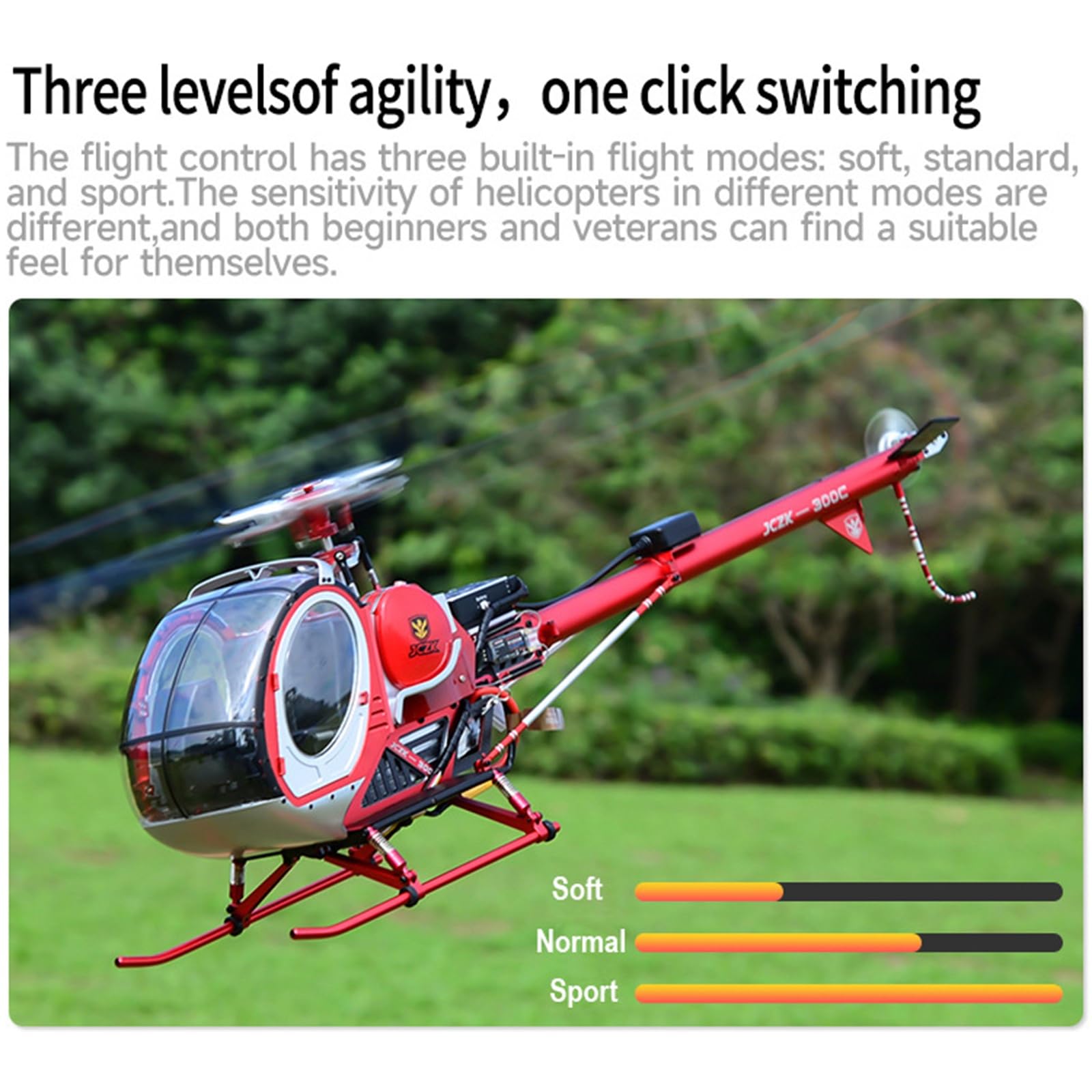 RC-Hubschrauber, 300C PRO 2.4 GHz 3-Blatt-Flybarless-RC-Hubschraubermodell mit 2 Akkus H1 Smart Flight Control GPS-Positionierung zu öffnendem Cockpit Militärflugzeugmodell(Red,Left-hand throttle)