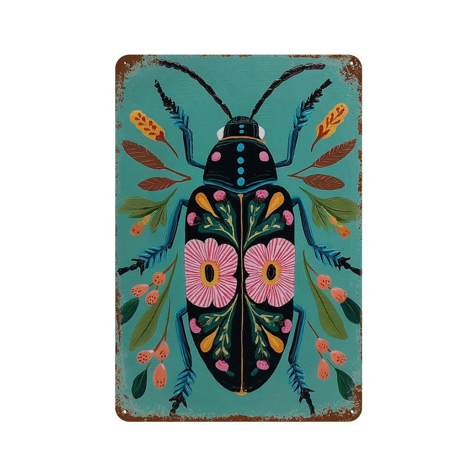 xiaoxiaoshen Floral Beetle Folk Insect Colorful Bug Botanical Whimsical Nature Modern Boho Wall Decor Art Metal Tin Poster Modern Home Decor Art Home Bar Shop Decorations Vintage Sign 30x20cm